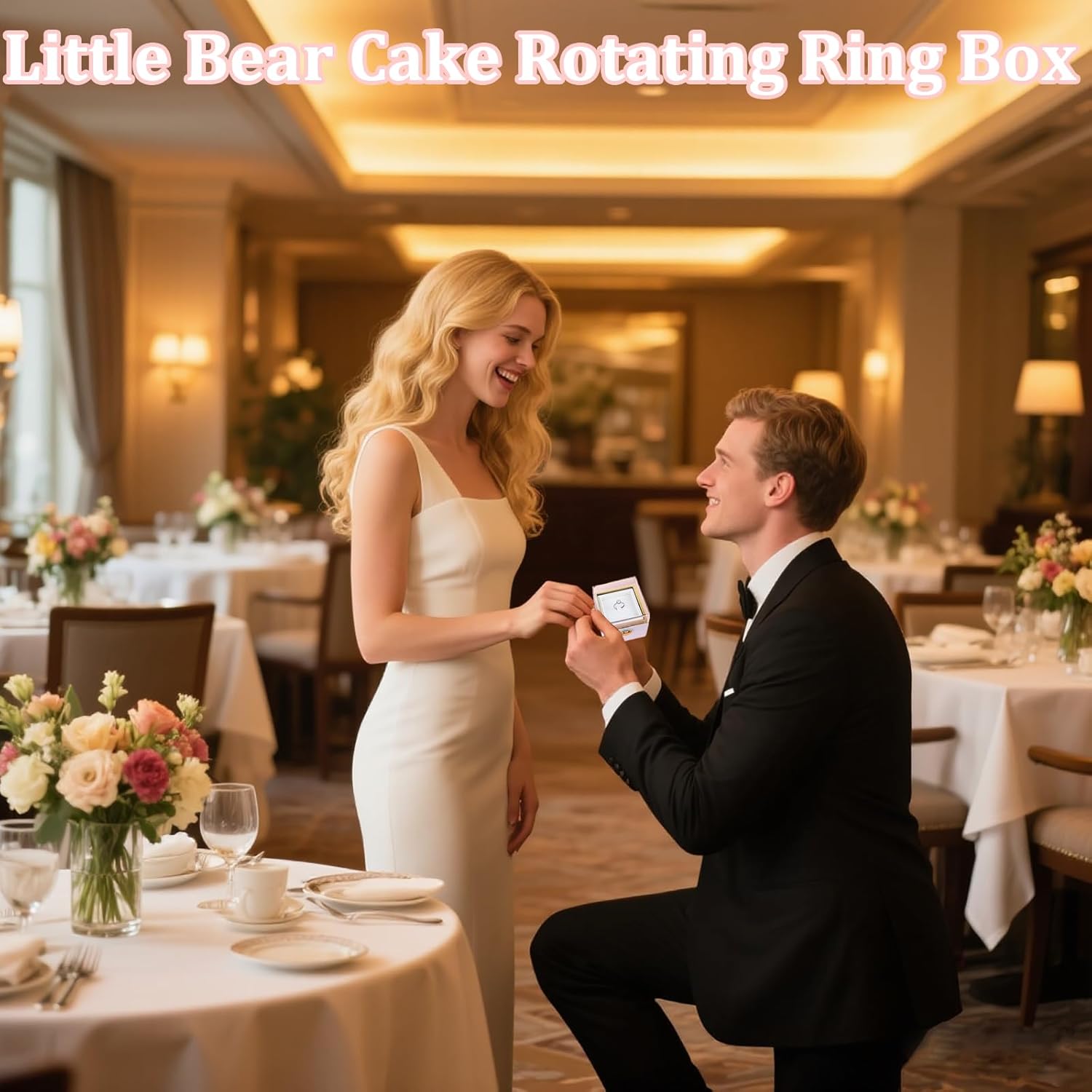 Rotating Ring Box for Proposal Engagement, Little Bear Cake Flip White Ring Box Wedding Day Birthday, Surprise Ring Bearer Proposal Box Necklace Bracelet Gift Ring Rotating Jewelry Box for Women &Man - Image 2
