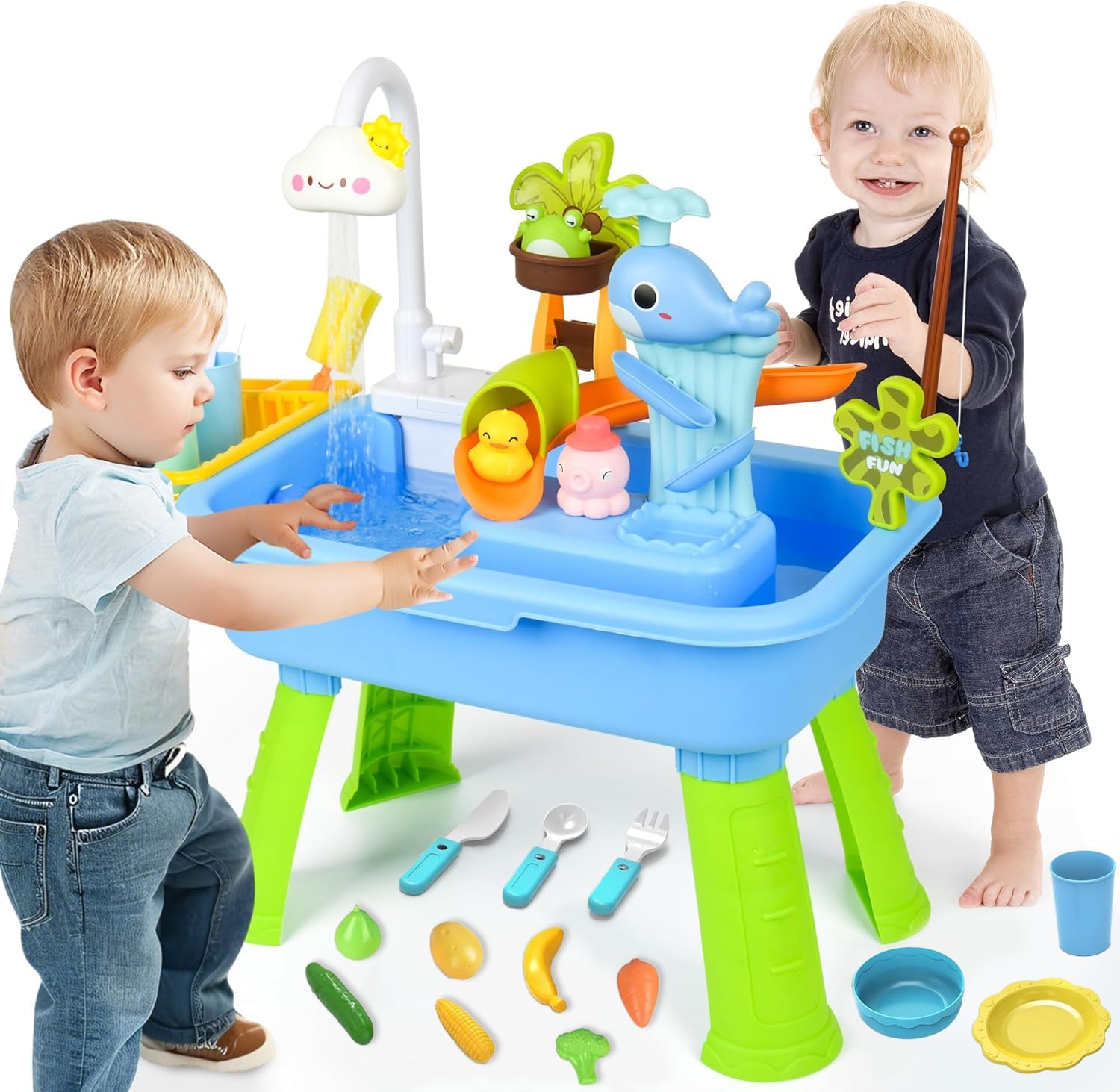 Upgraded Toddler Sand Water Table Toy with Electric Water Pump, Kids Sand Water with Faucet/Play Food Accessories/Fishing Toy, Kitchen Play Sink Toys for Girl Boy Age 3+ (Blue)