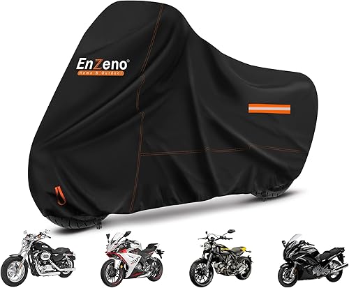 Enzeno Motorcycle Cover 210D Oxford Fabric Motorcycle Covers Waterproof Outdoor Windproof Dustproof Moped Cover with snap Fastener 275x105x125cm Motorcycle tarp Motorbike Cover Black