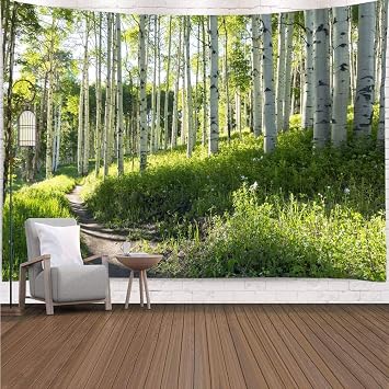 YISURE Forest Wall Tapestry Nature Tree Trail Path Landscape, Morning Sunshine Through Green Tree Wall Hanging, 91W x71L Inch