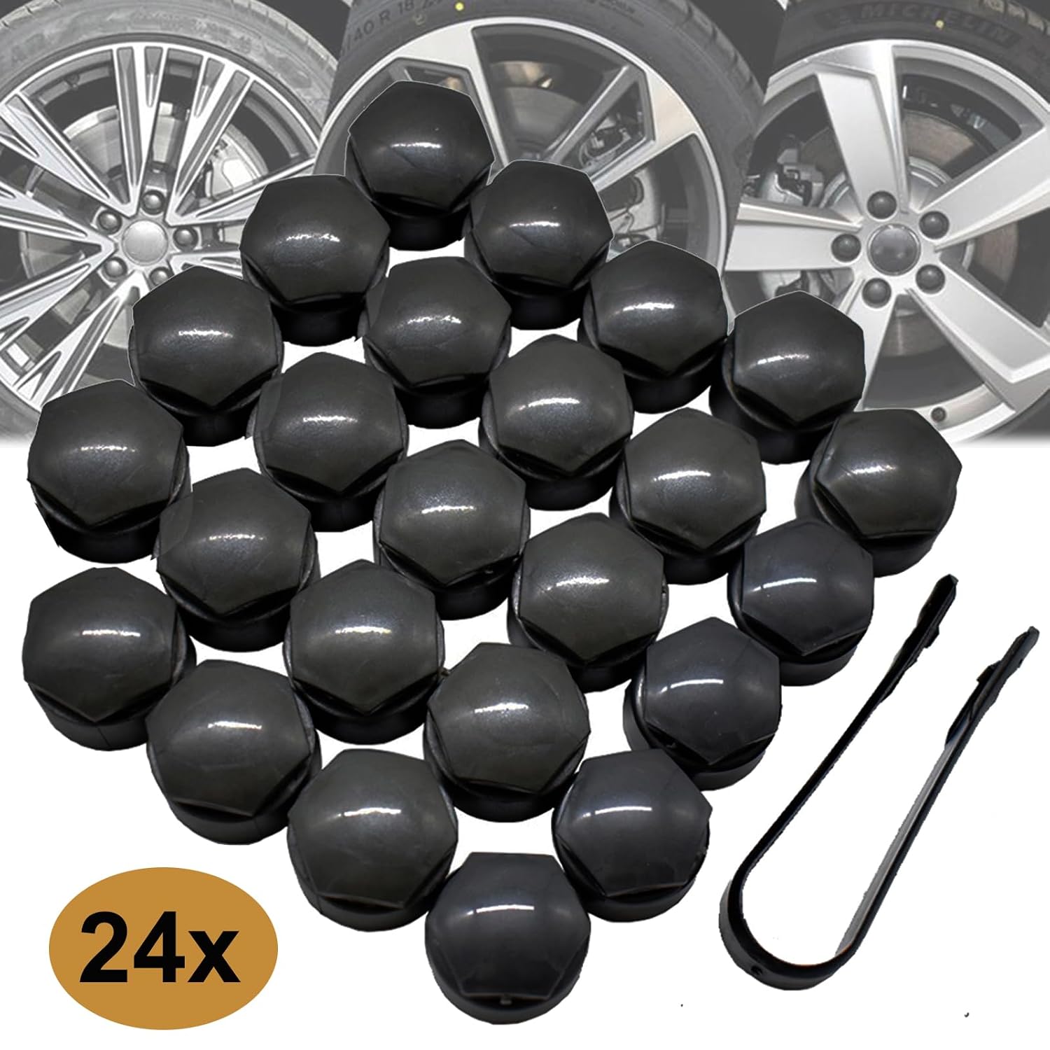 XUKEY Lug Nut Covers for Audi, 24pcs 25mm + Disassembly Tool (Black)