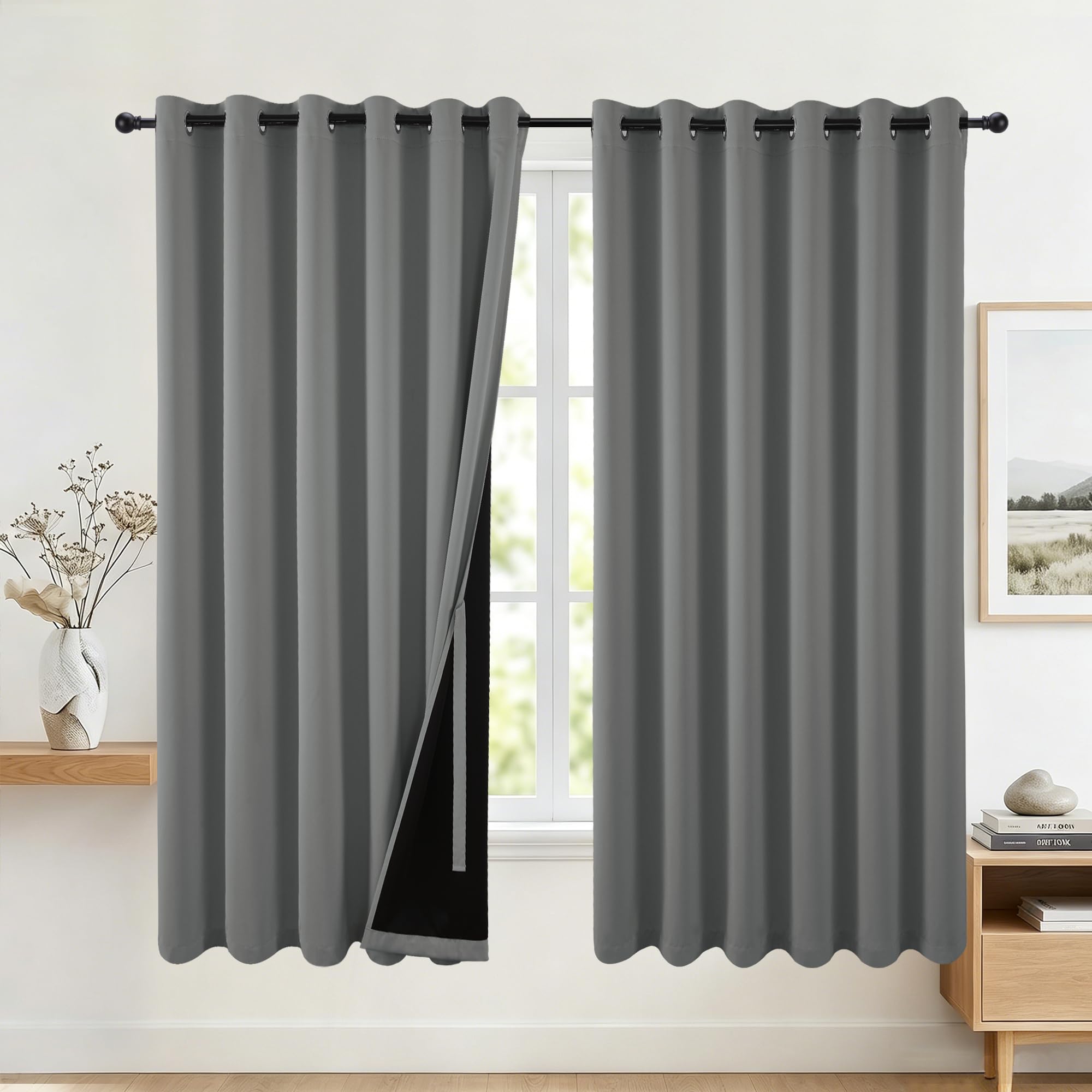 DWCN 100% Blackout Eyelet Curtains 90 x 72 Inch Grey with Black Liner 2 Pcs