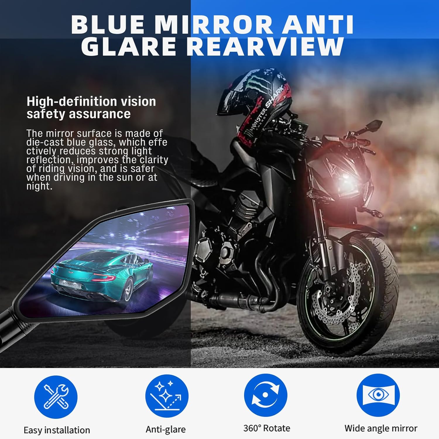 DREAMIZER Universal Motorcycle Mirrors M10 M8 Rearview Mirror Hawk-Eye Side Mirrors Compatible with Honda GROM MSX125 Kawasaki Z125 Pro Z750 Z650 Yamaha MT03 MT10 and More