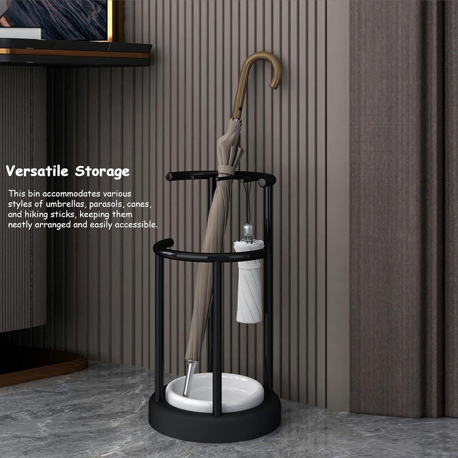Tall and Short Umbrella Stand with Detachable Drip Tray - Indoor Umbrella Holder for Entryway, Office, Stable - 11.8x11.8x22.4 Inches, Stylish Black Design