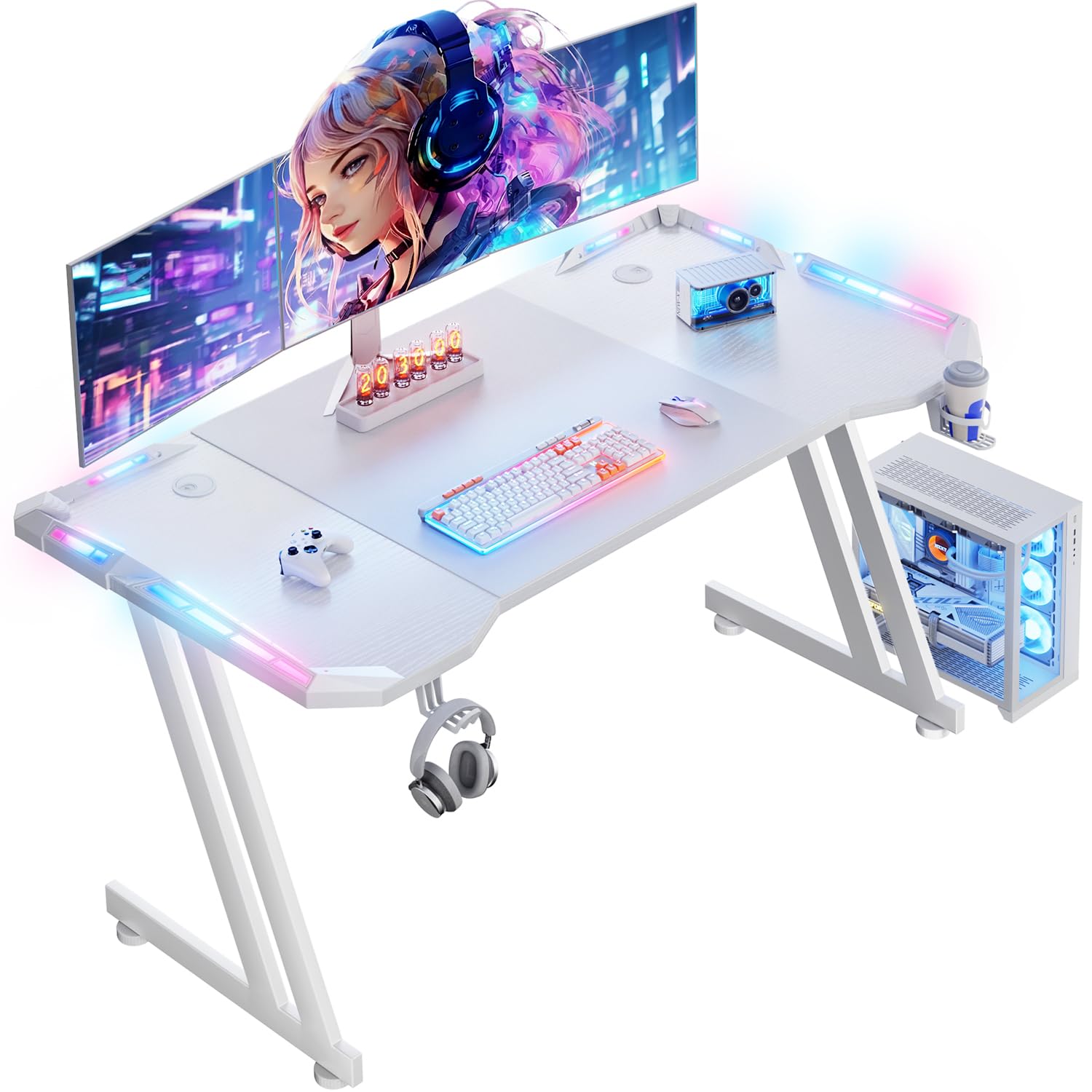 63-inch gaming desk white with led lights carbon fibre surface z-shaped