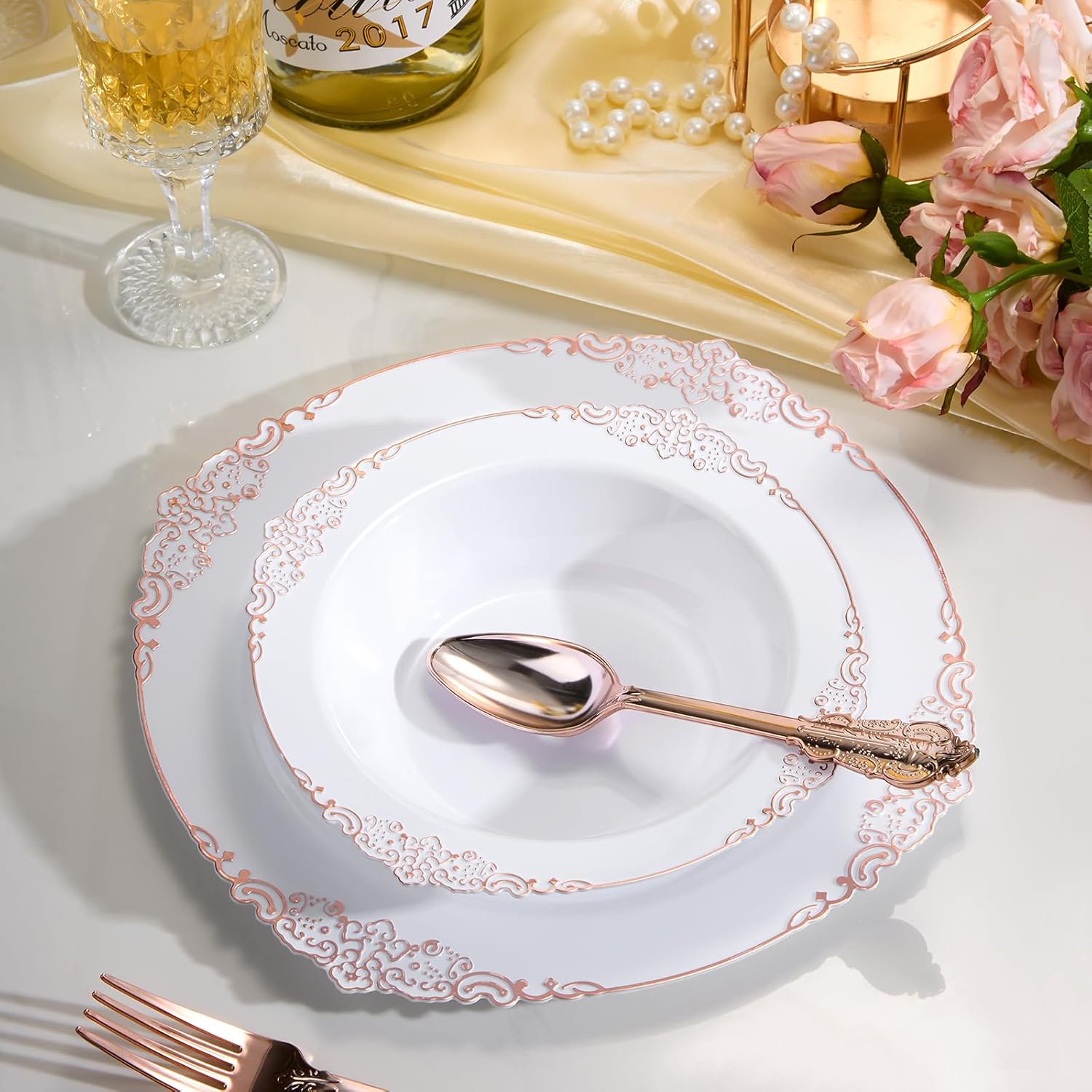 100 Pack White Plastic Bowls with Rose Gold Relief Rim, 12oz Plastic Salad Bowl, Disposable Bowls for Party, Dinners, Weddings, Christmas, Thanksgiving, Valentine's Day