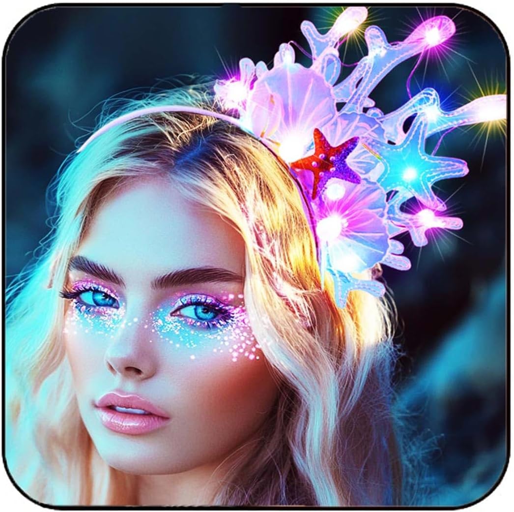 GORTIN Light up Mermaid Headband LED Starfish Headbands Sea Shell Headpiece Costume Hair Accessories for Women