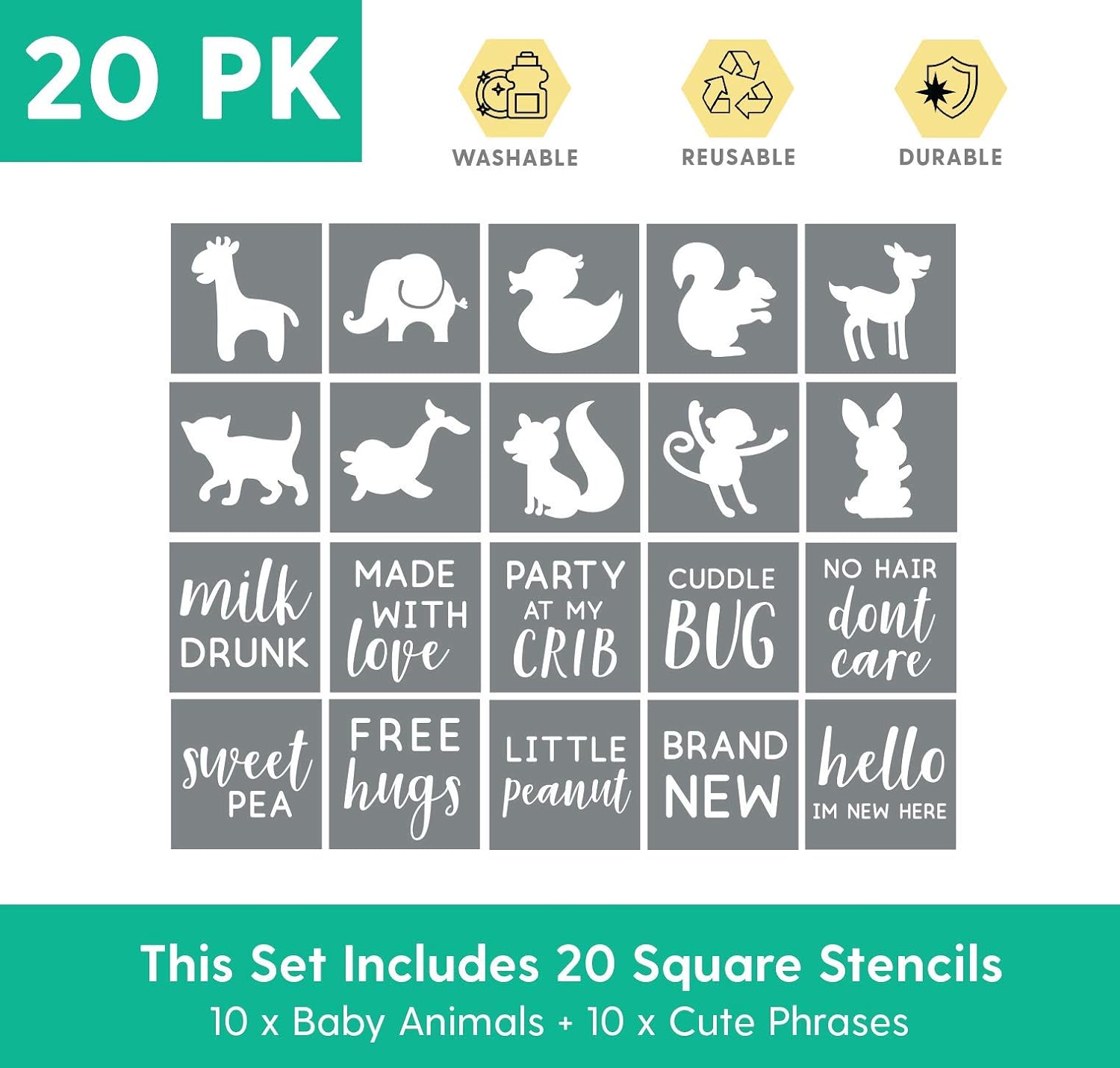 Fabric Stencil Kit, Set of 20 Stencils for Baby Shower Painting & Decorating, Phrases & Mixed Animals Pattern for Onesies Bibs Bodysuit Bags Shirts Shoes, Boy & Girls, Made in USA