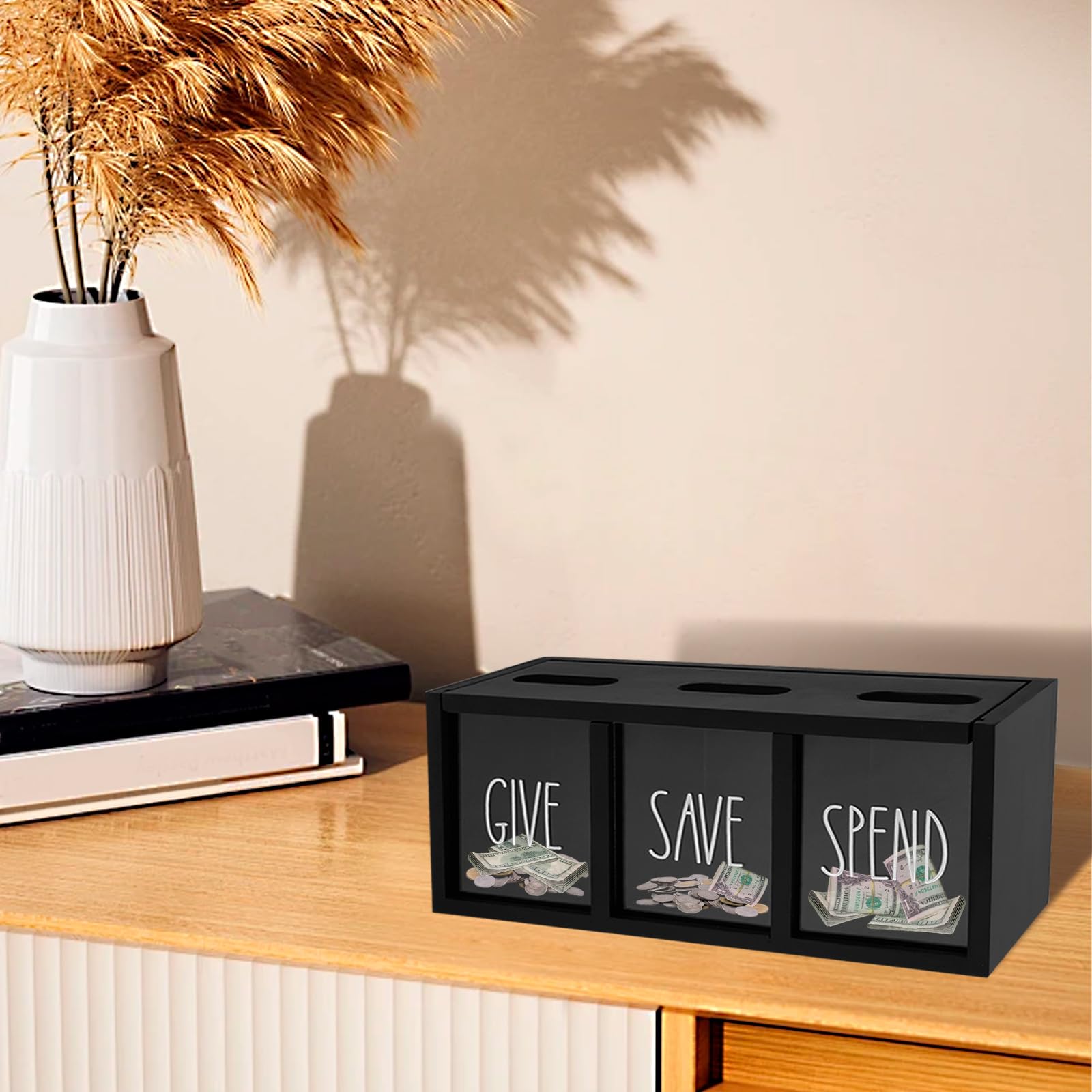 Qinglang Black Give Save Spend Piggy Bank For Kids Wooden Money Coin Savings Piggy Bank Jar Box For Kids Child Safe Money Saver Teach Children About Giving & Saving Money Piggy Box