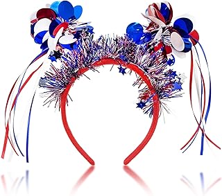 Patriotic Pom Pom Headband, 4th of July Independence Day Parade Party Headbands, Blue Red White American Flag Star Design Ribbon Hair Band, Fluffy Ball Hair Band for Women Girls Kids