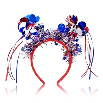 Doneace Patriotic Pom Pom Headband, 4th of July Independence Day Parade Party Headbands, Blue Red White American Flag Star Design Ribbon Hair Band, Fluffy Ball Hair Band for Women Girls Kids