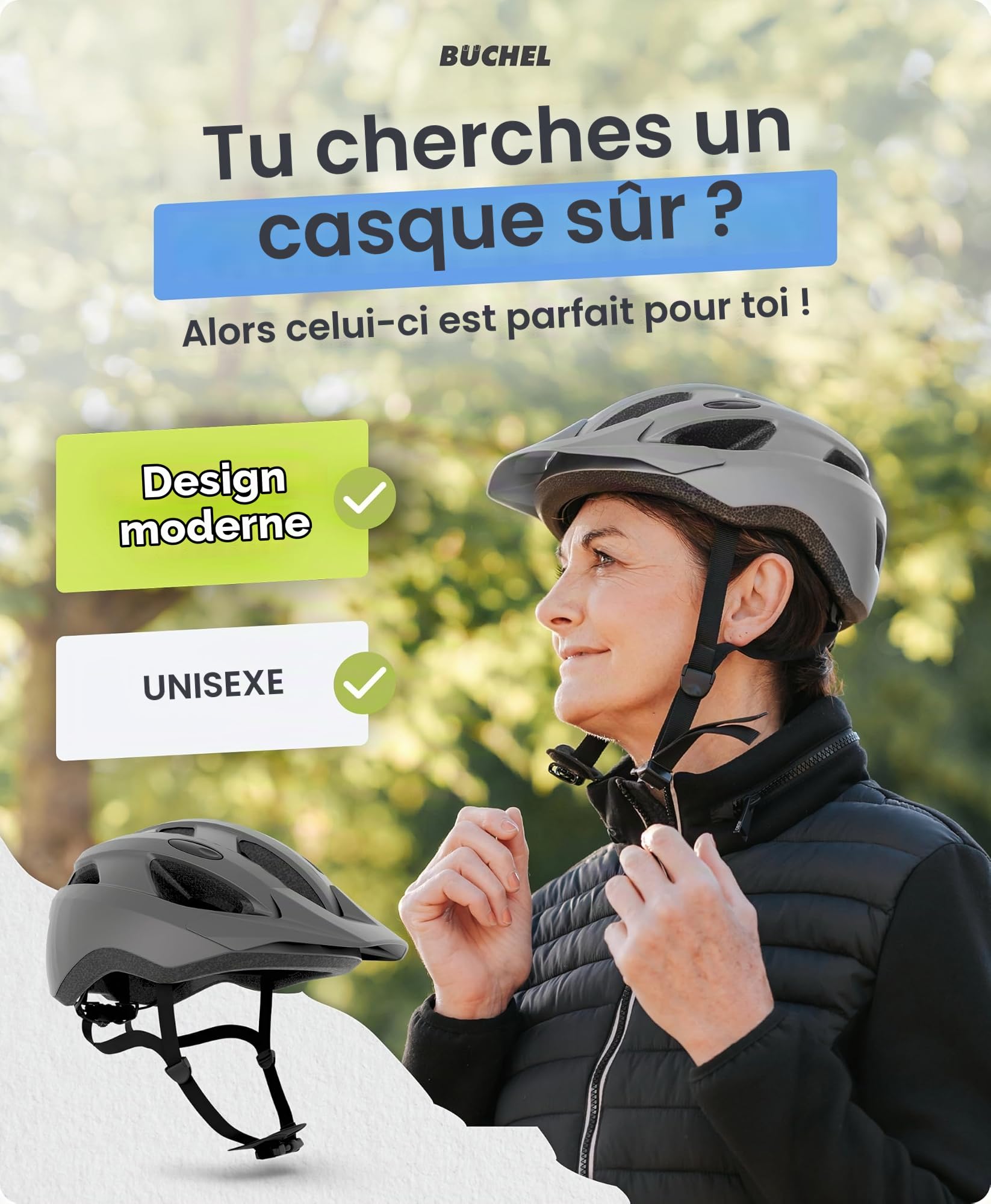 BÜCHEL Casque de vélo avec technologie In-Mold & Cam Lock - Casque de vélo pour enfant, femme et homme, avec rembourrage au menton et moustiquaire lavable - Casque de vélo de 51 à 56 cm et 57 à 60 cm