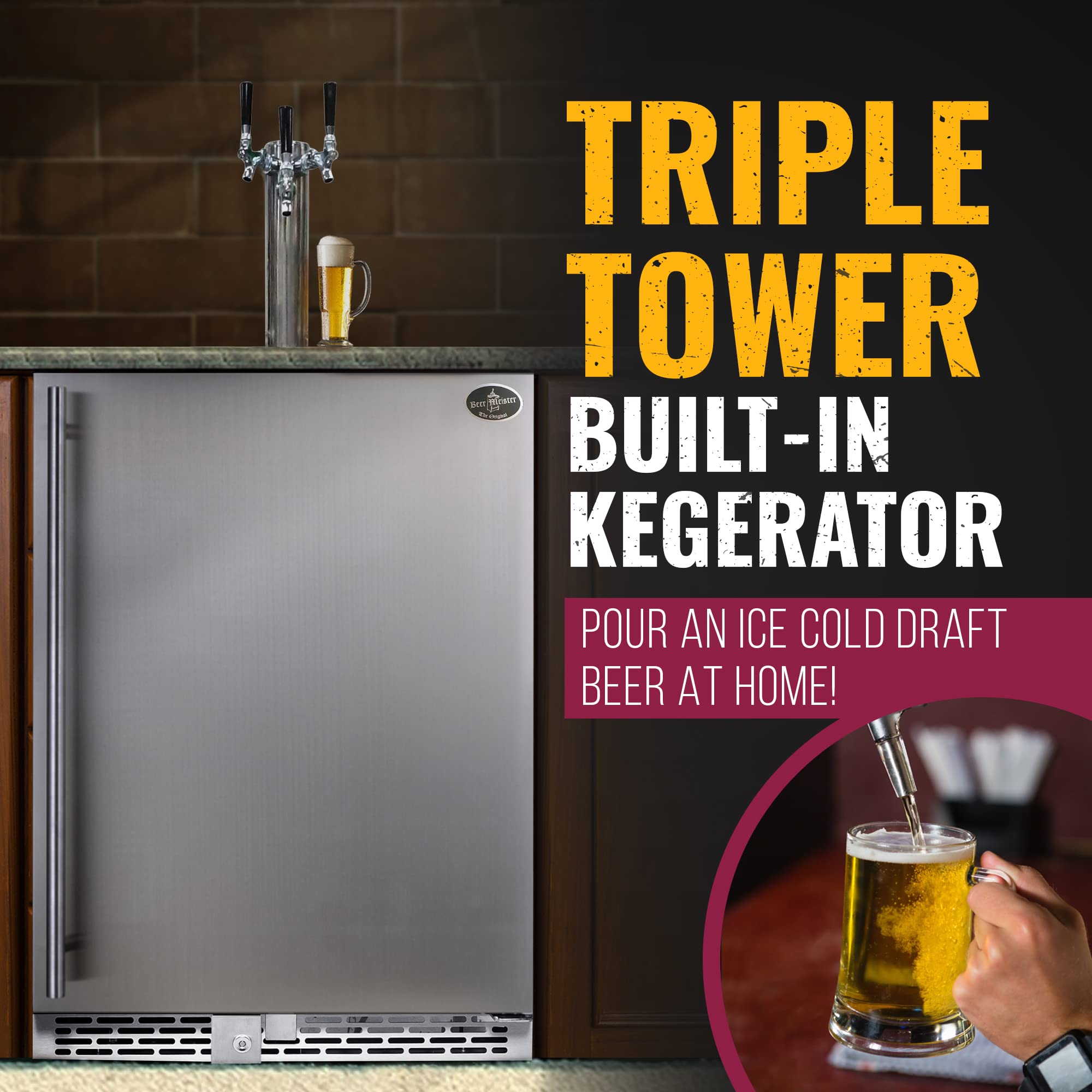 Beer Meister - Beer Kegerator, Draft Beer Dispenser For Home Bar, Beer, Wine, & Bar Soda Dispenser System, Triple Tower w/Stainless Door, Built-in Premium Series, 24.88 x 23.88 x 34.38 inches on Fridge.com