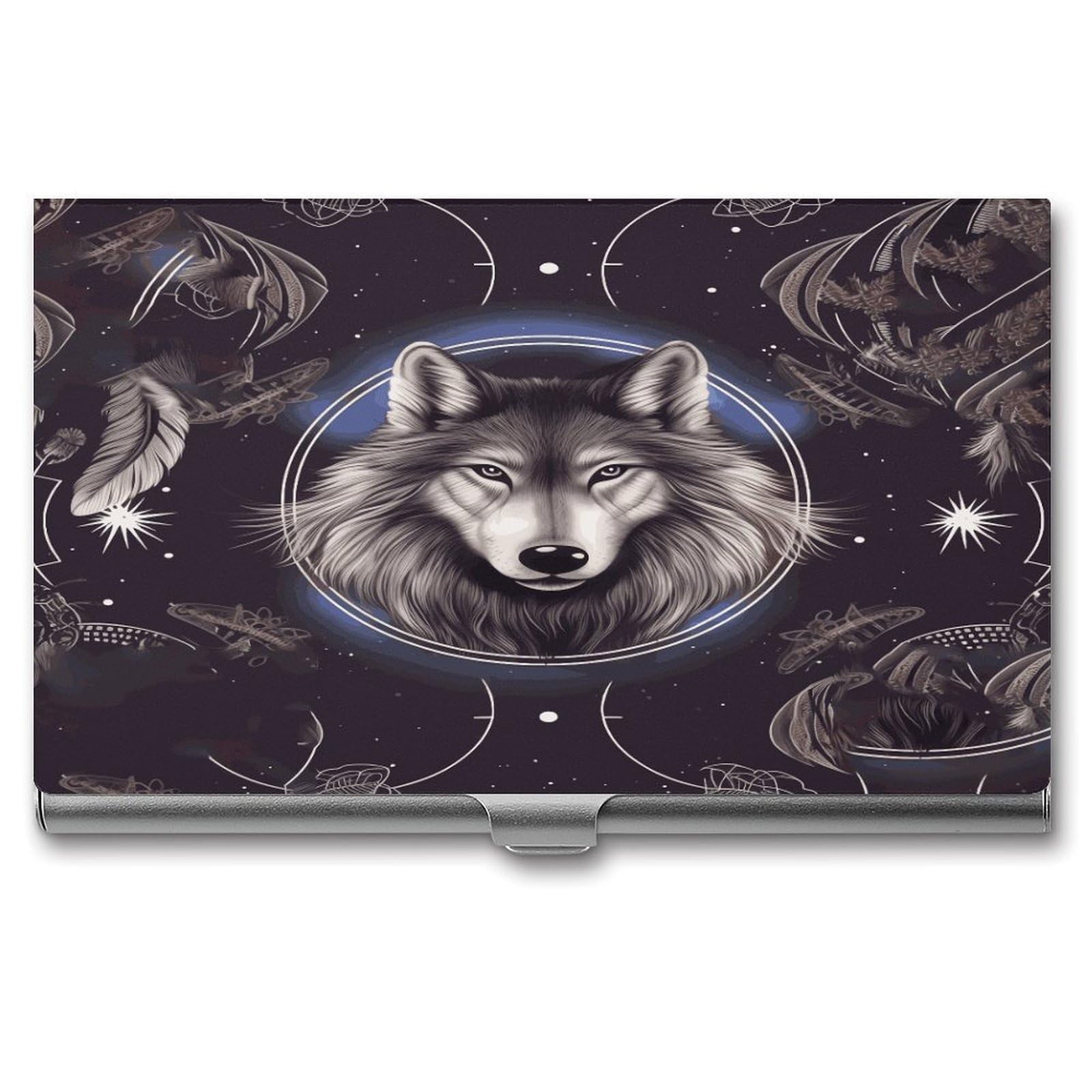 LDGSUPH Wolves And Dream Catchers Business Card Holder Fashion Slim Name Card Holder Minimalist Design Case Metal Card Carrier Personalized Business Card Case with Flip for Men Women