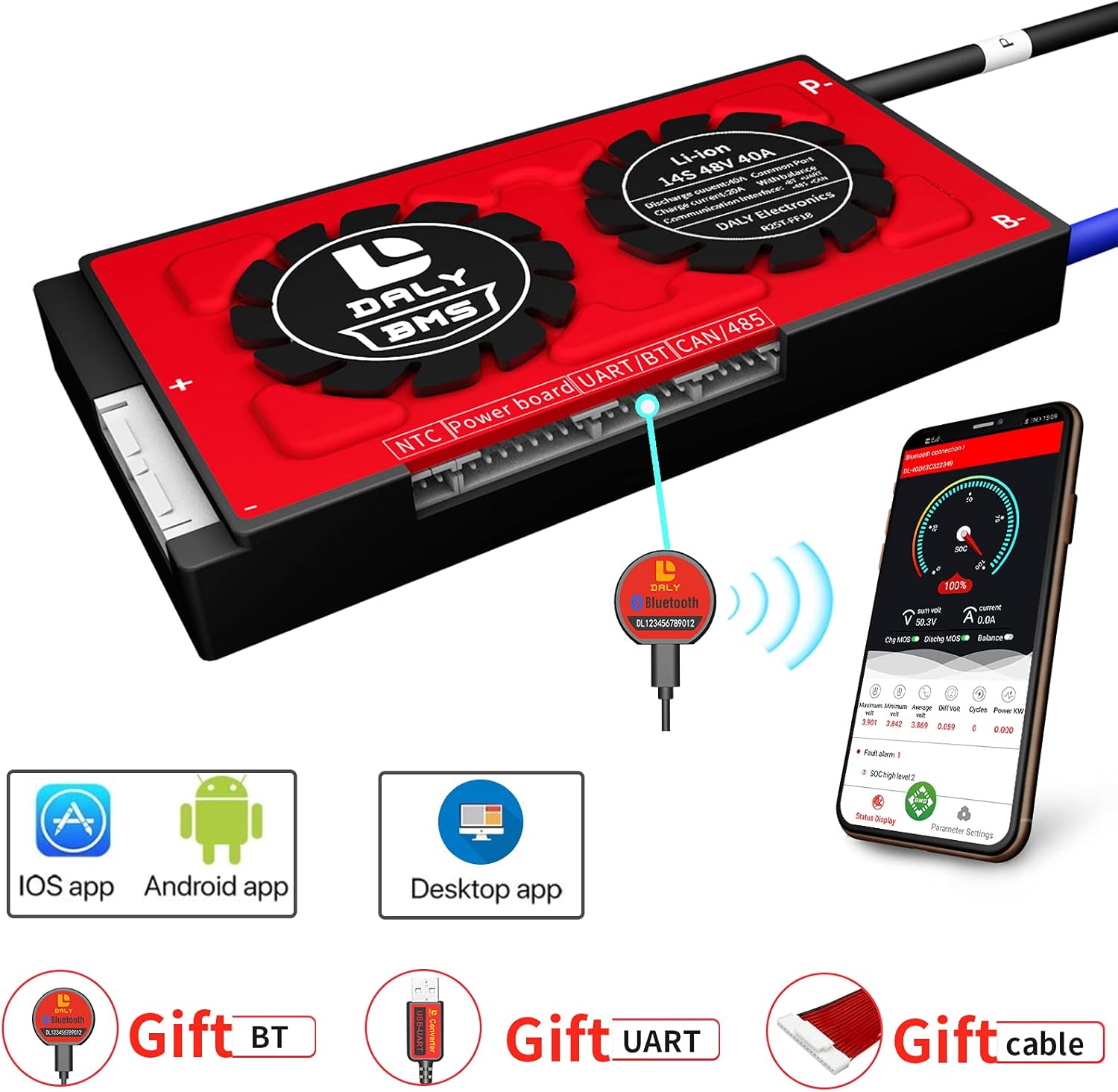 DALY Smart BMS Li-ion 14S 48V 40A with Programmable Bluetooth Module and Common Port