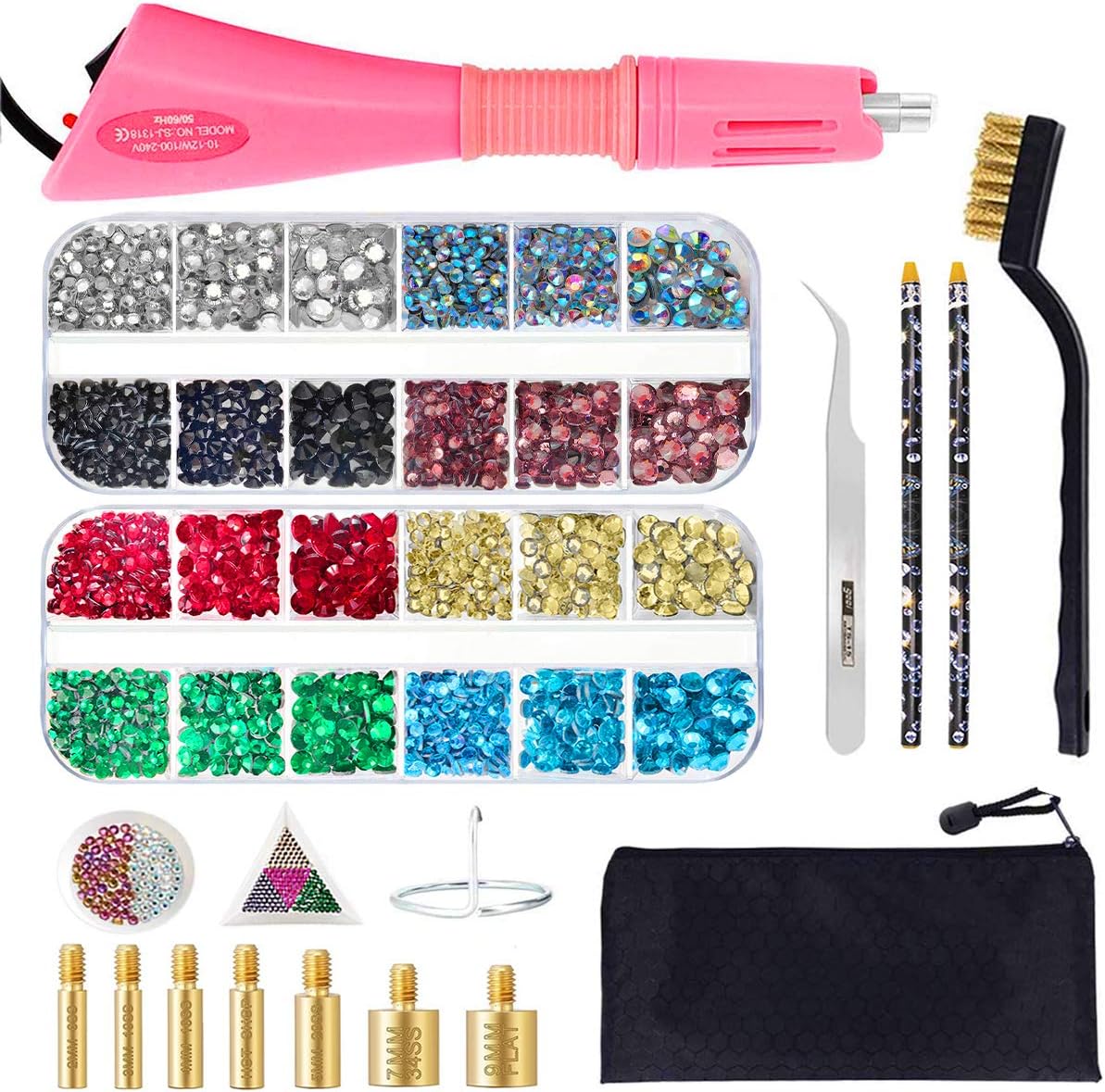 Hotfix Applicator Tool, Bedazzler Kit with DIY Hot Fix Rhinestones Include 7 Tips, Support Stand Tweezers Cleaning Brush Wax Pencils and 2400 Rhinestone