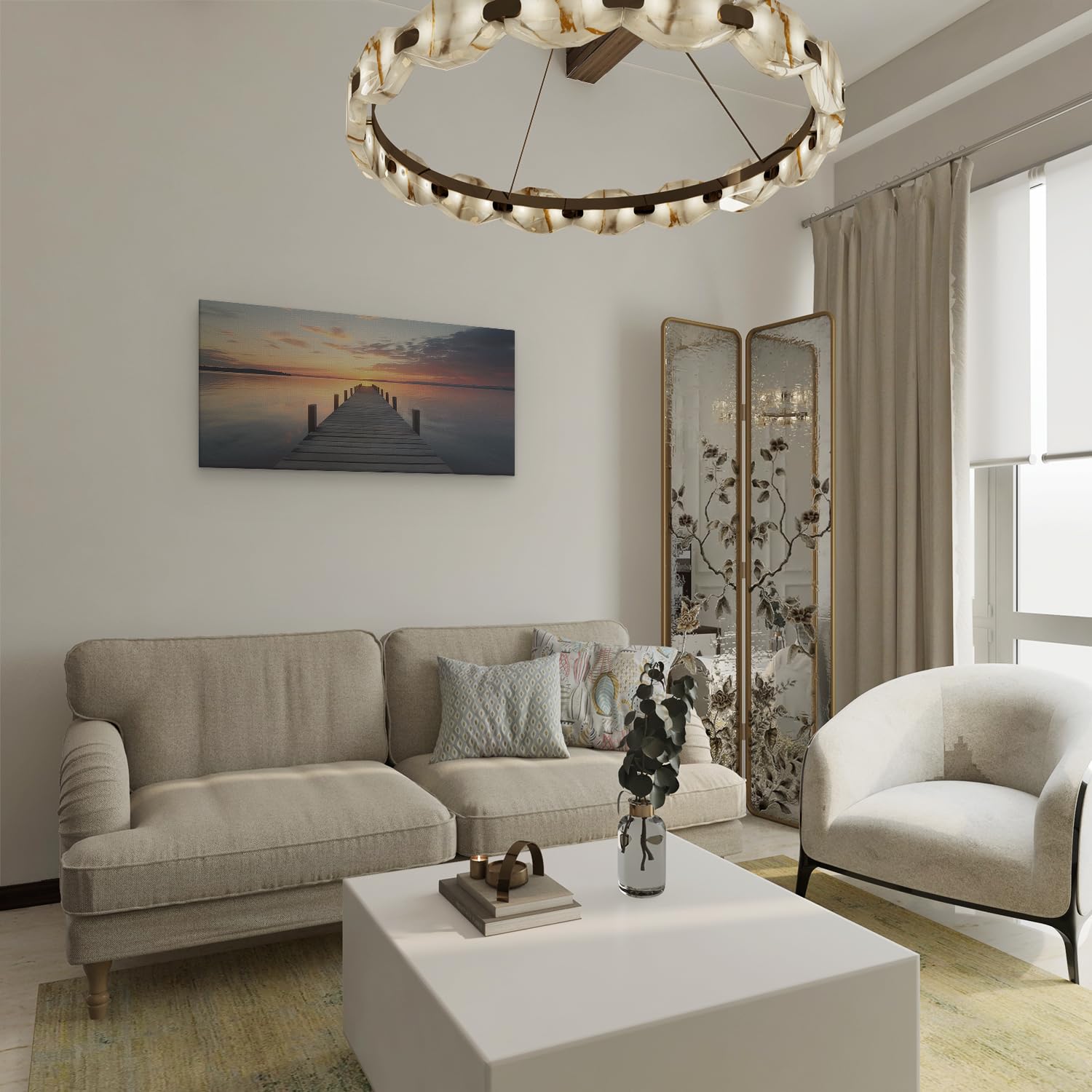 Artaza Leinwand Bilder Sonnenuntergang Meer - 80x40 cm - Wanddeko Steg - Deko Wohnzimmer - Maritime Wandbilder