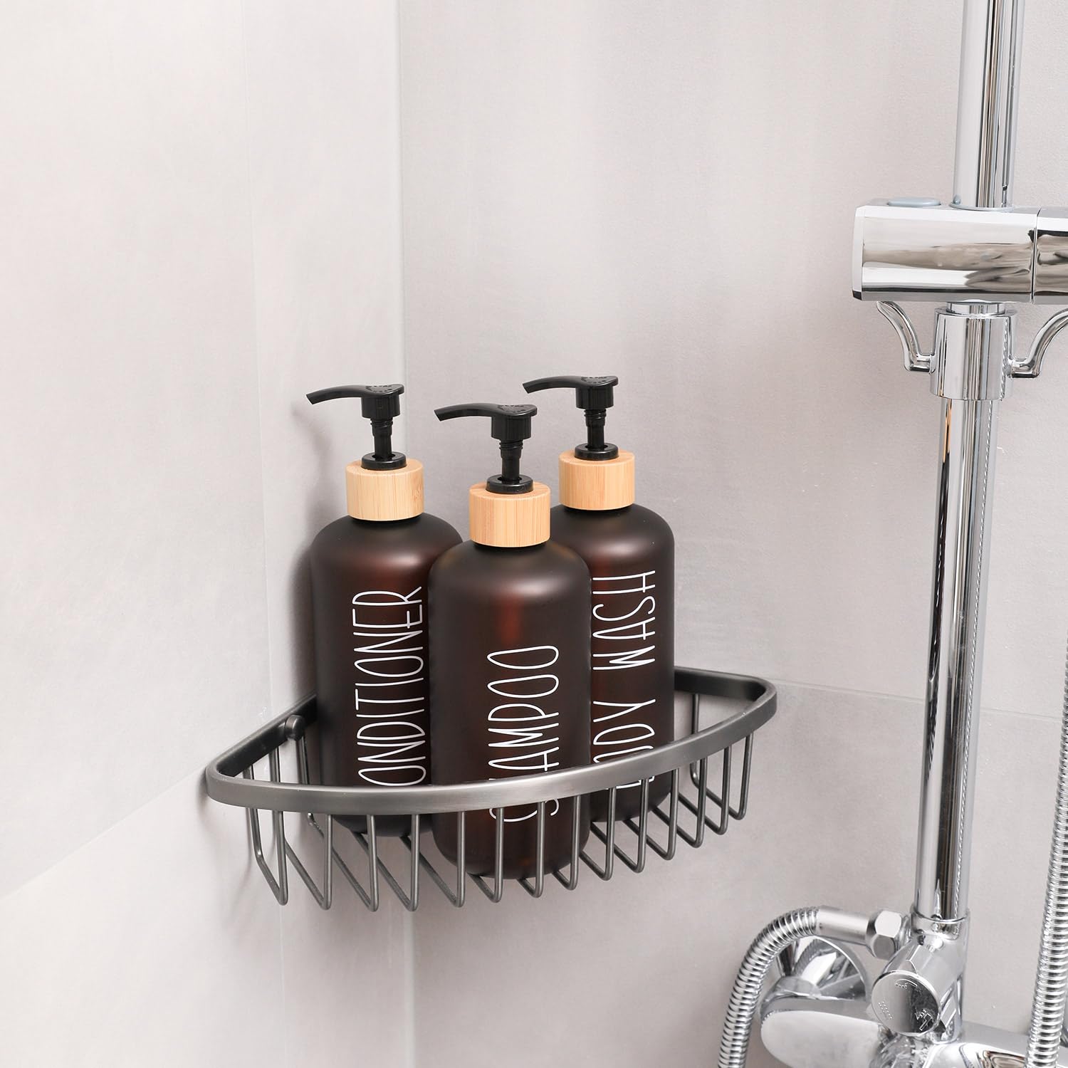 MOMEEMO Amber Duschspender-Set, enthält 3 extra Dicke PET-Kunststoffflaschen mit Bambus-Pumpen, Shampoo- und Conditioner-Spender für die Dusche, perfekt für Moderne Badezimmerdekor. (Bernstein)