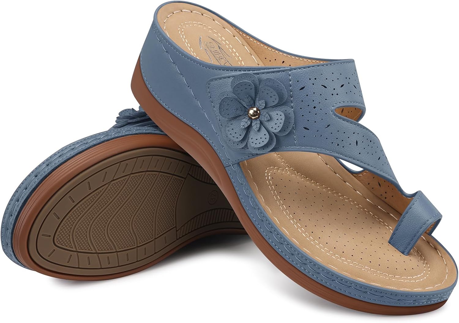 SHIBEVER Wedge Sandals for Women Dressy: Comfortable Sandals for Women - Summer Casual Walking Slip On Wedges Light Blue Size 6