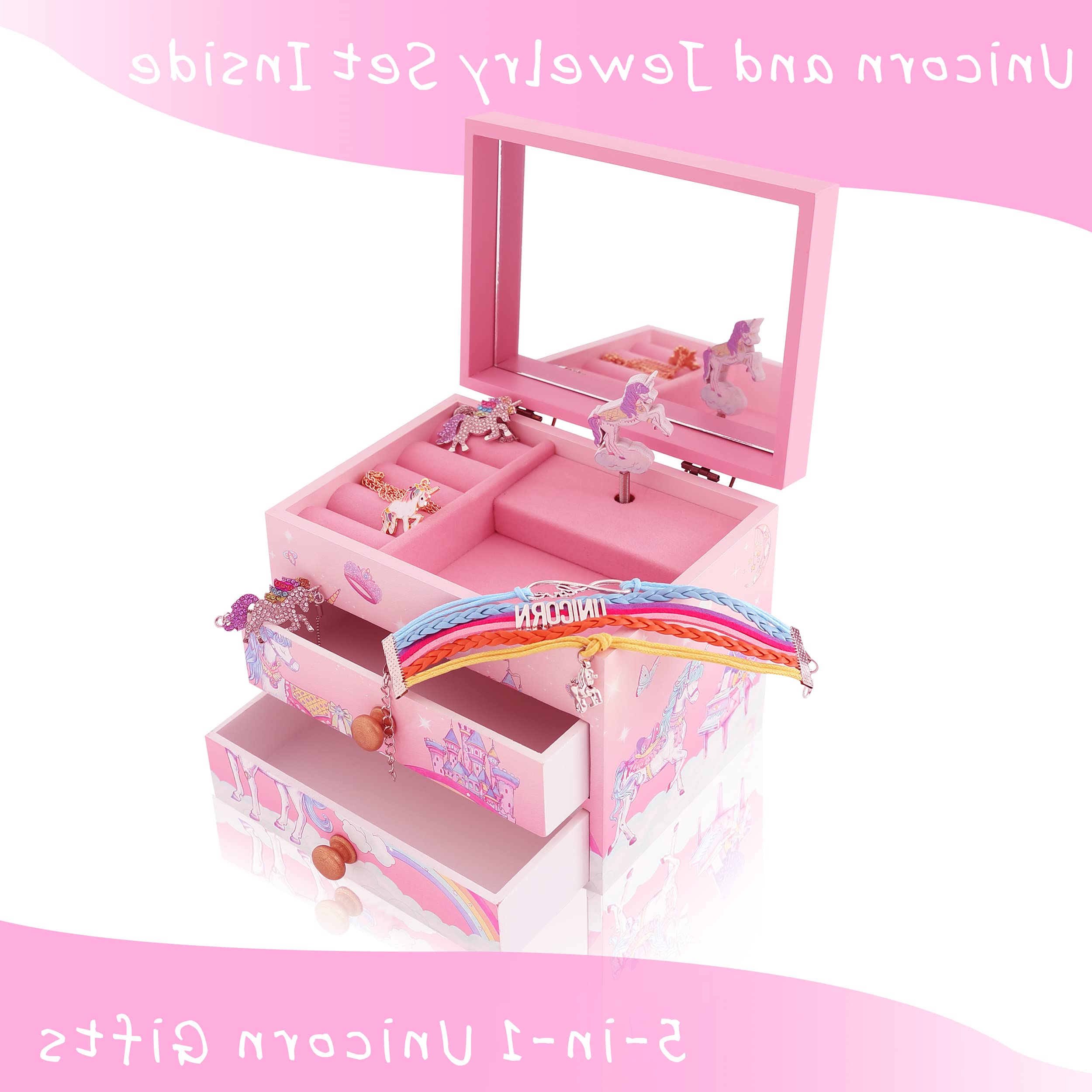 ZOOWING Girls Musical Jewelry Box Toys Gifts with Full Size Mirror and Unicorn Jewelry Set (A-Unicorn7) - Image 3