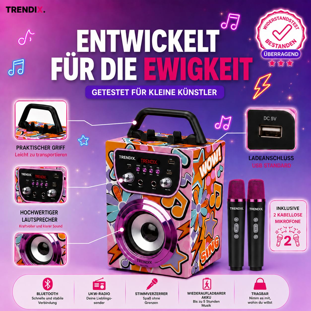 Trendix - Karaoke Maschine Kinder Magic Melody | Karaoke Anlage Mit 2 Mikrofonen | Musikbox Kinder Radio Fm, USB, Bluetooth Und Sd | Kinder Musikbox | Geschenk Mädchen 6 Jahre