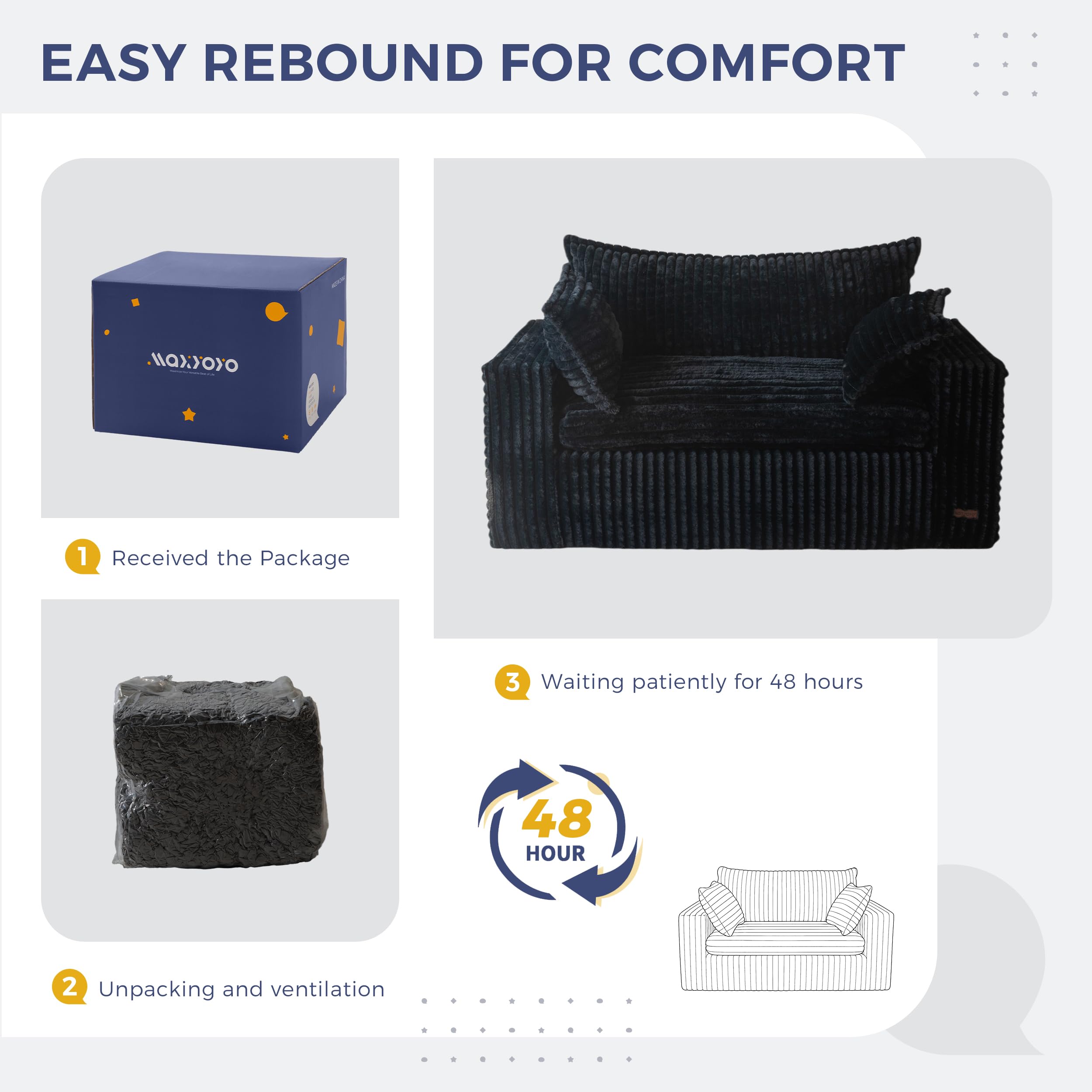Puf para sala de estar, sofá biplaza tapizado con asiento profundo, reposabrazos anchos, sofá sin hueso en una caja para dormitorio, oficina, apartamento, sin montaje, color negro 7