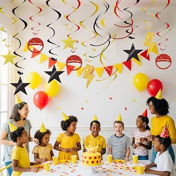 BEISHIDA 15Pcs Pre-Stung Cartoon Animation Birthday Hanging Swirl Decorations for Cartoon Themed Birthday Baby Shower(Red Gold Balck)
