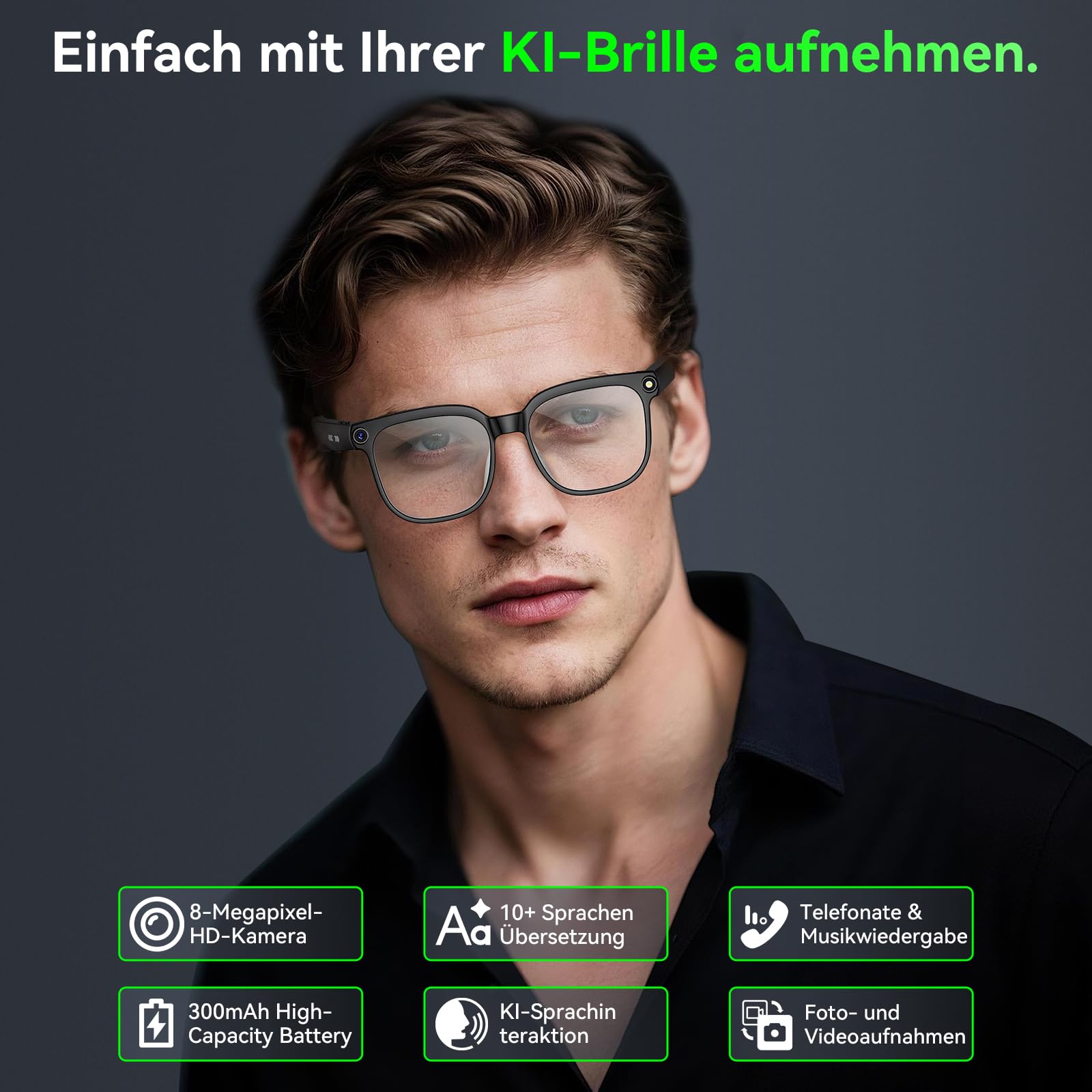 Kamera-Brille, 8 MP Lünette mit KI, intelligente Lünette unterstützt Videoaufnahme/Musikwiedergabe/Audioaufnahme/Bluetooth-Anrufe/GPT-Identifikation (blaues Licht)
