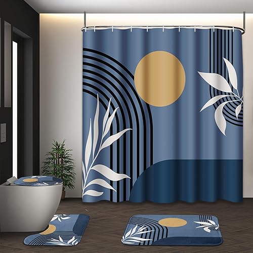 Miniatura 18 de Juego de Cortina de Ducha Boho de Mediados de Siglo con Tapa de Inodoro y Alfombras Antideslizantes, Verde Abstracto 4 Piezas Cortina de Ducha Boho