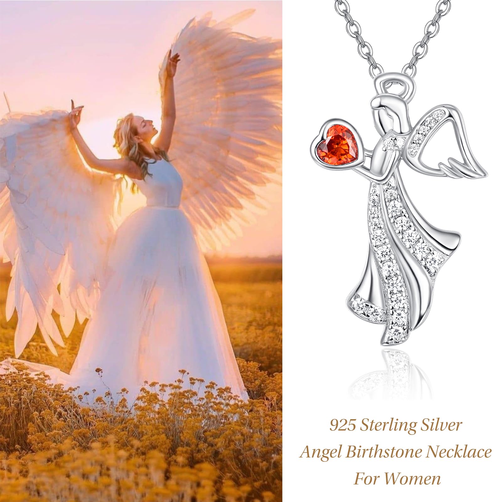 KINGWHYTE Engel Geburtsstein Halskette für Frauen 925 Sterling Silber Januar Engel Anhänger Halskette Granat Geburtsstein Schmuck Geburtstag Geschenk für Frauen Mädchen