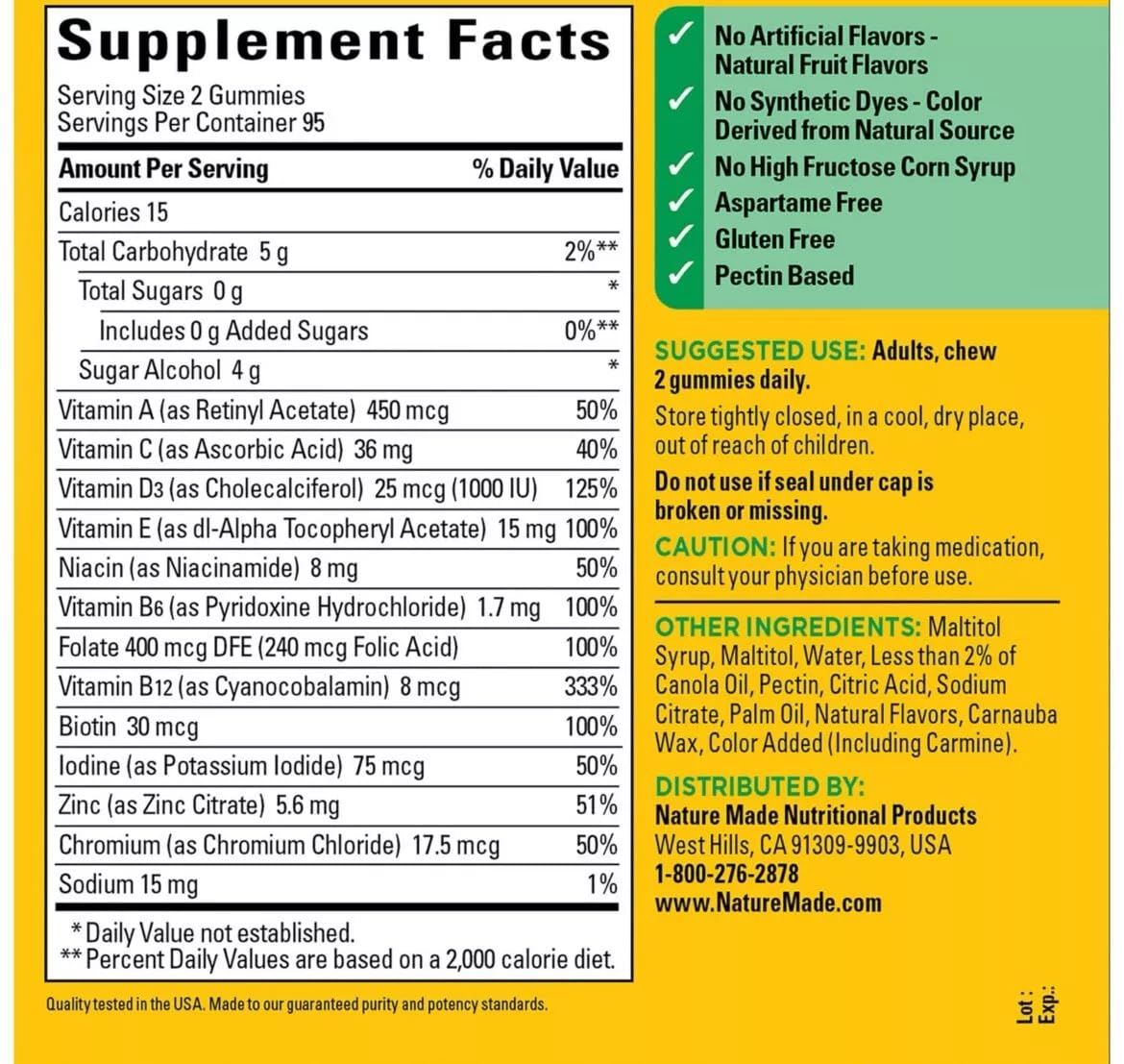 Nature Made Zero Sugar Multi Gummies, 190 Gummies