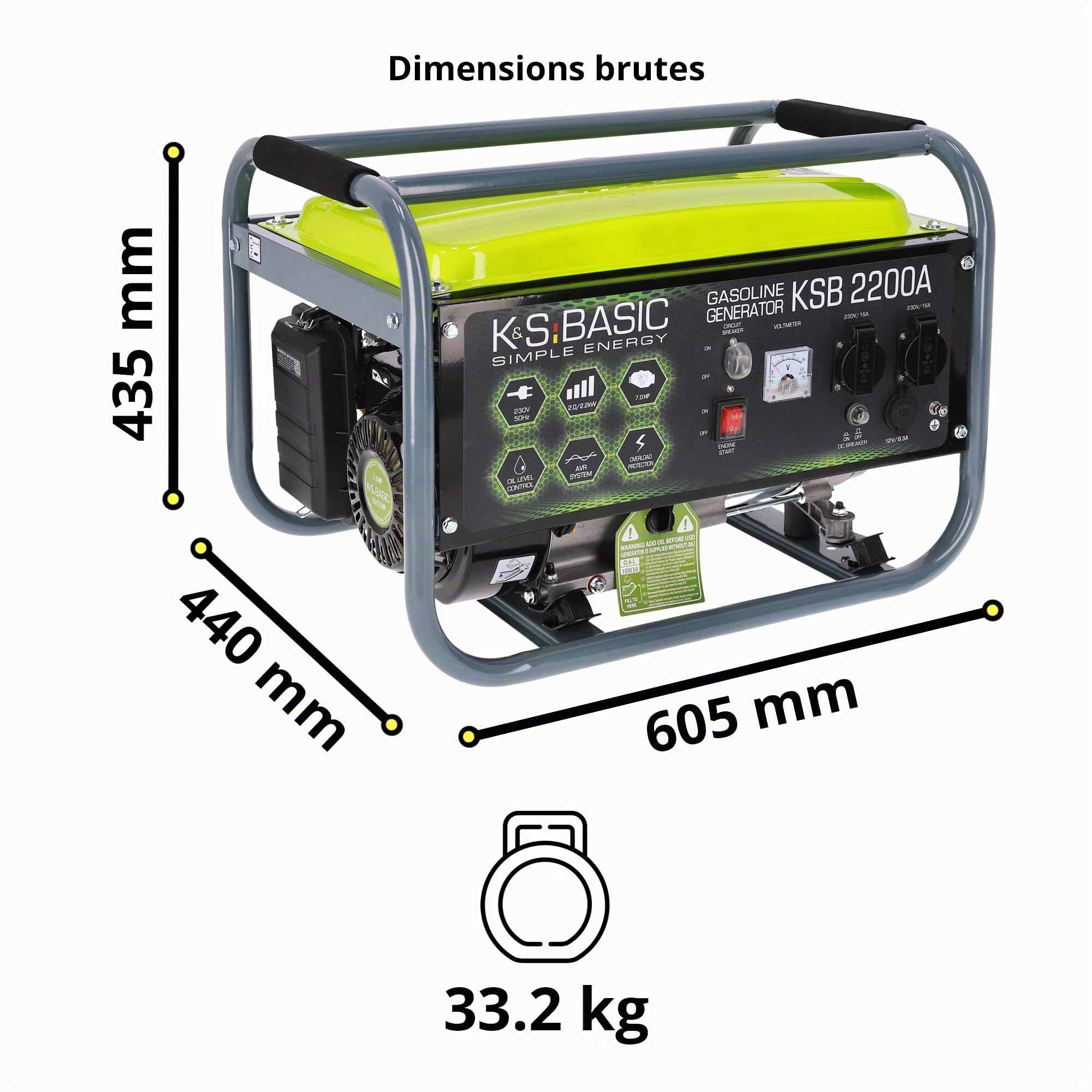 Groupe électrogène à essence KSB 2200A, puissance maximale 2200W, démarrage manuel, puissance moteur 5,5 CV, régulateur AVR, voltmètre, 2x16A (230V), sortie 12V, alternateur en aluminium