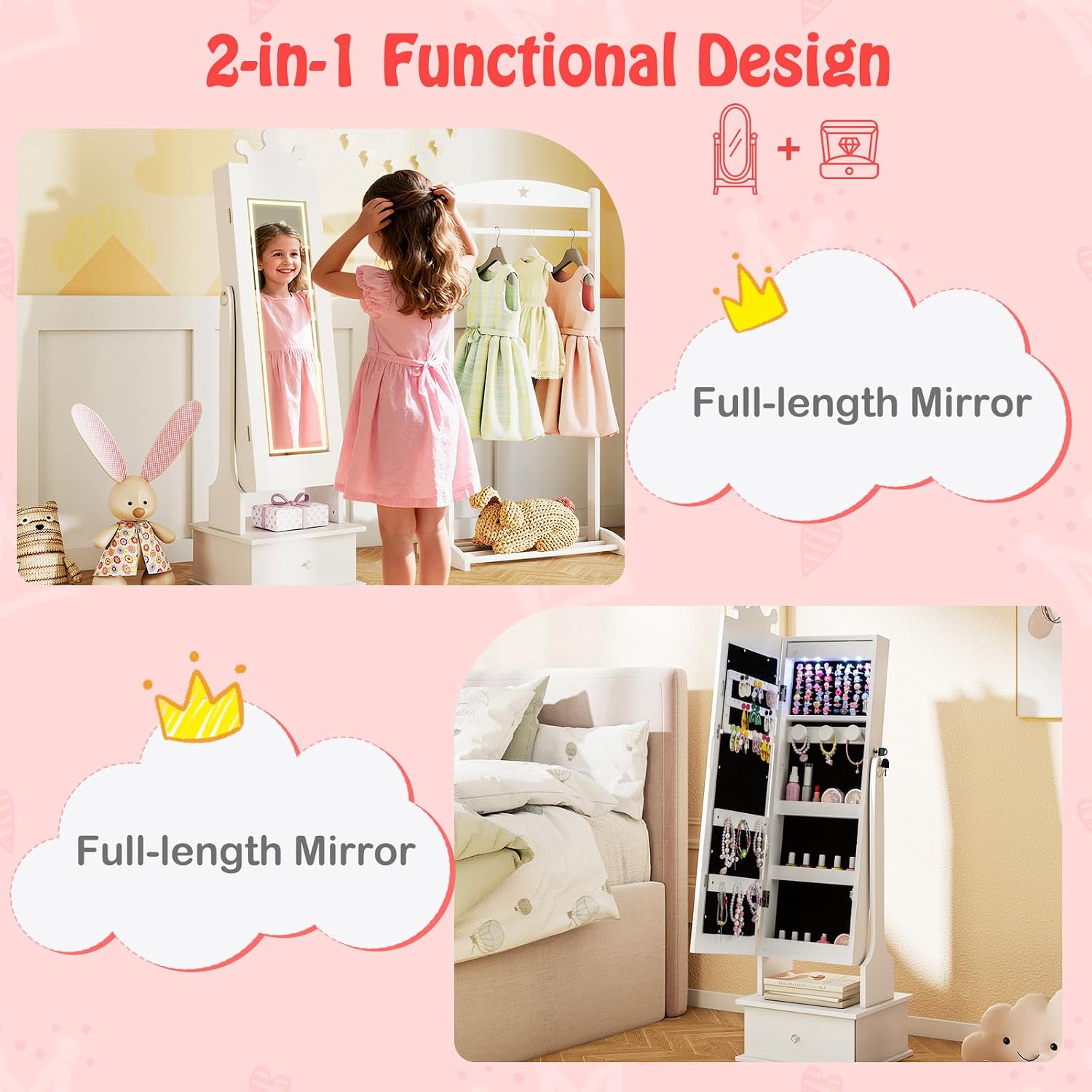HONEY JOY Kids Jewelry Armoire Cabinet with Lights, Crown Theme Wooden Standing Jewelry Organizer with Full-length Mirror and Storage Drawers, Children Dress Up Jewelry Cabinet for Little Girls(White)