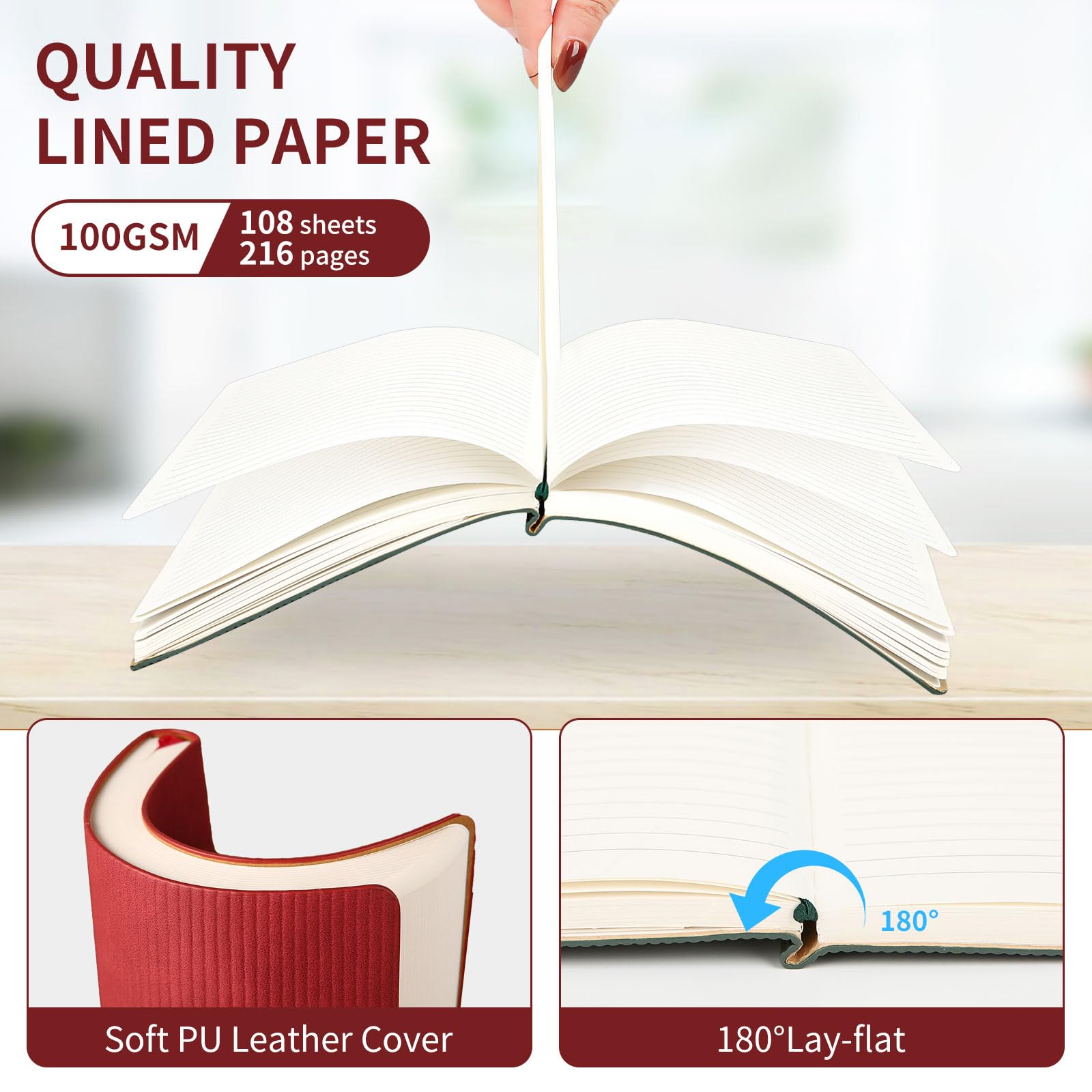 TSFPapier Cuaderno rayado A5 con bolígrafo y caja de regalo, 216 páginas, diarios de piel sintética para mujeres y hombres, papel grueso de 100 g/m², cuaderno con rayas universitarias para escuela