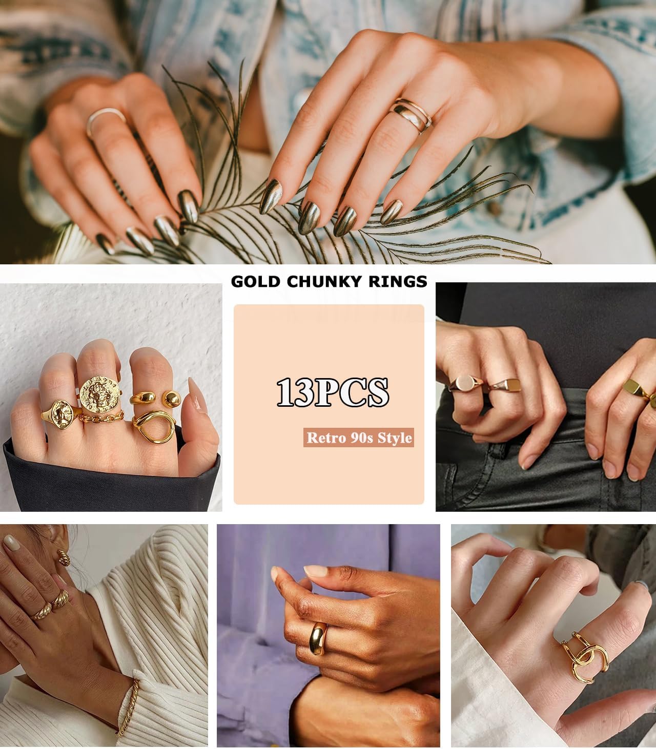 10PCS Gold Dome Chunky Rings for Women 18K Gold Plated Braided Twisted Round Signet Rings Adjustable Open Ring Band Statement Jewelry Size 7-9 - Image 6