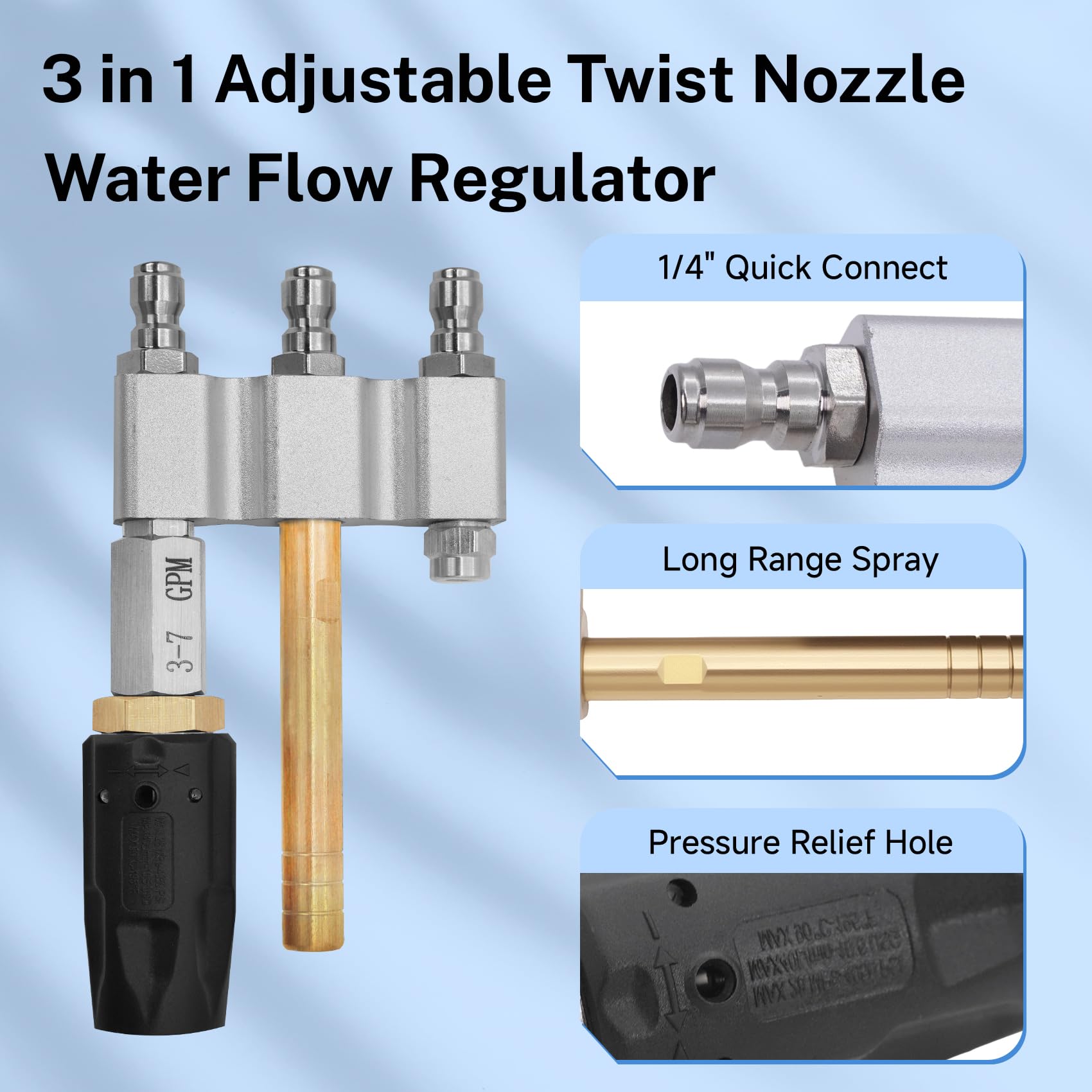 Ugello girevole regolabile per idropulitrice morbida a valle M5, 3 in 1 punta regolabile a lungo raggio con connessione rapida da 1/4", 3-7 GPM punta sparatutto regolabile ugello M5 Twist