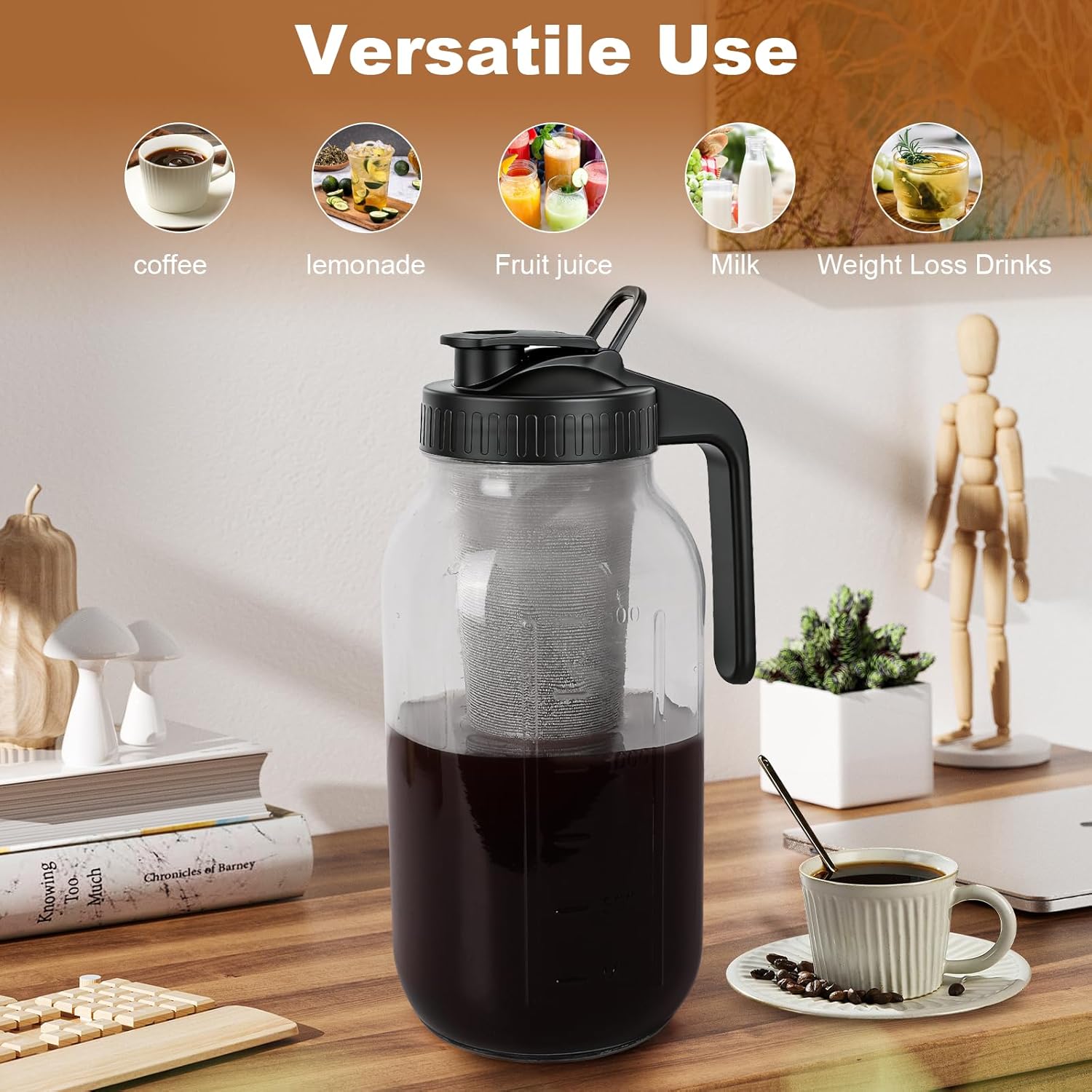 Cold Brew Coffee Maker,64 oz Mason Jar Pitcher with Stainless Steel Filter, Pour Spout Handle Lid, Heavy Duty Glass Airtight & Leak-Proof for Iced Coffee,Tea & Lemonade