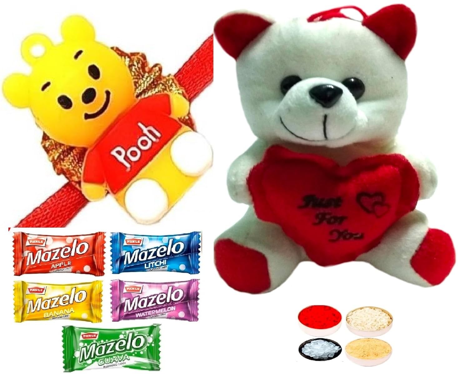 Pooh Rakhi for Kids, Cute Teddy Bear, Parle Mazelo Fruit Candy Sweet - 5, Tikka & Roli Chandan Chawal Mishri Pack for Bhai Bhaiya Brother Gift-image-13