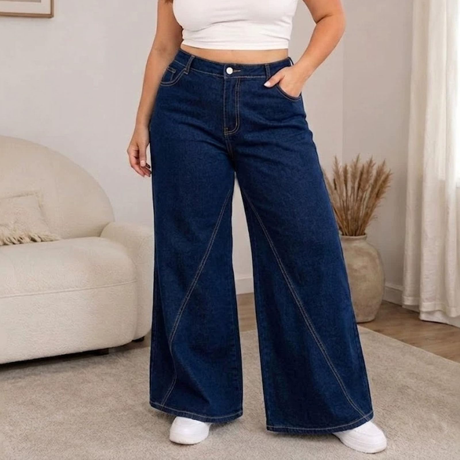 Vaqueros Mujer Rectos Tiro Alto Pantalón Vaquero Mujer Anchos Elasticos Vaqueros con Bolsillo Pierna Recta Holgados Regular Verano Primavera Cotidiano Jeans con Bolsillo Deportes