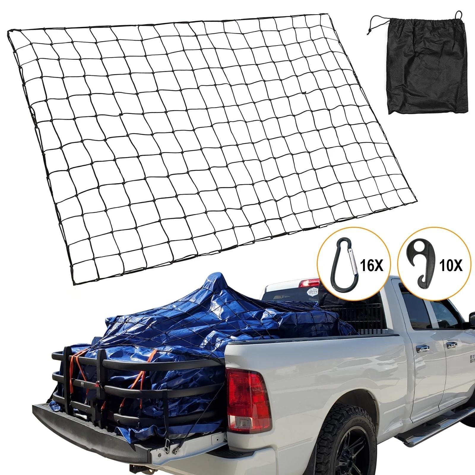Gepäcknetz Ladungsnetz Mit 16 Karabinern Bungee-Ladungsnetz Latex-Ladungsnetz Die Ladefläche Von Pickups Und Für Den Reisegepäckträger Auf Dem Dach Eines SUV Aufbewahrung Netz