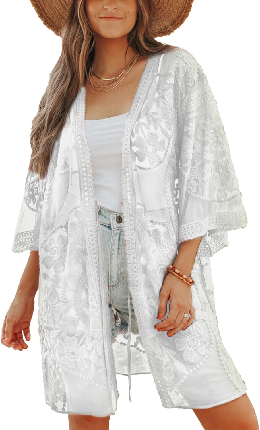 Bsubseach 2026 Kimonos for Women Lace Swimsuit Coverup Mesh Swim Cover Up Beach Vacation Sheer Kimono Duster Cardigans