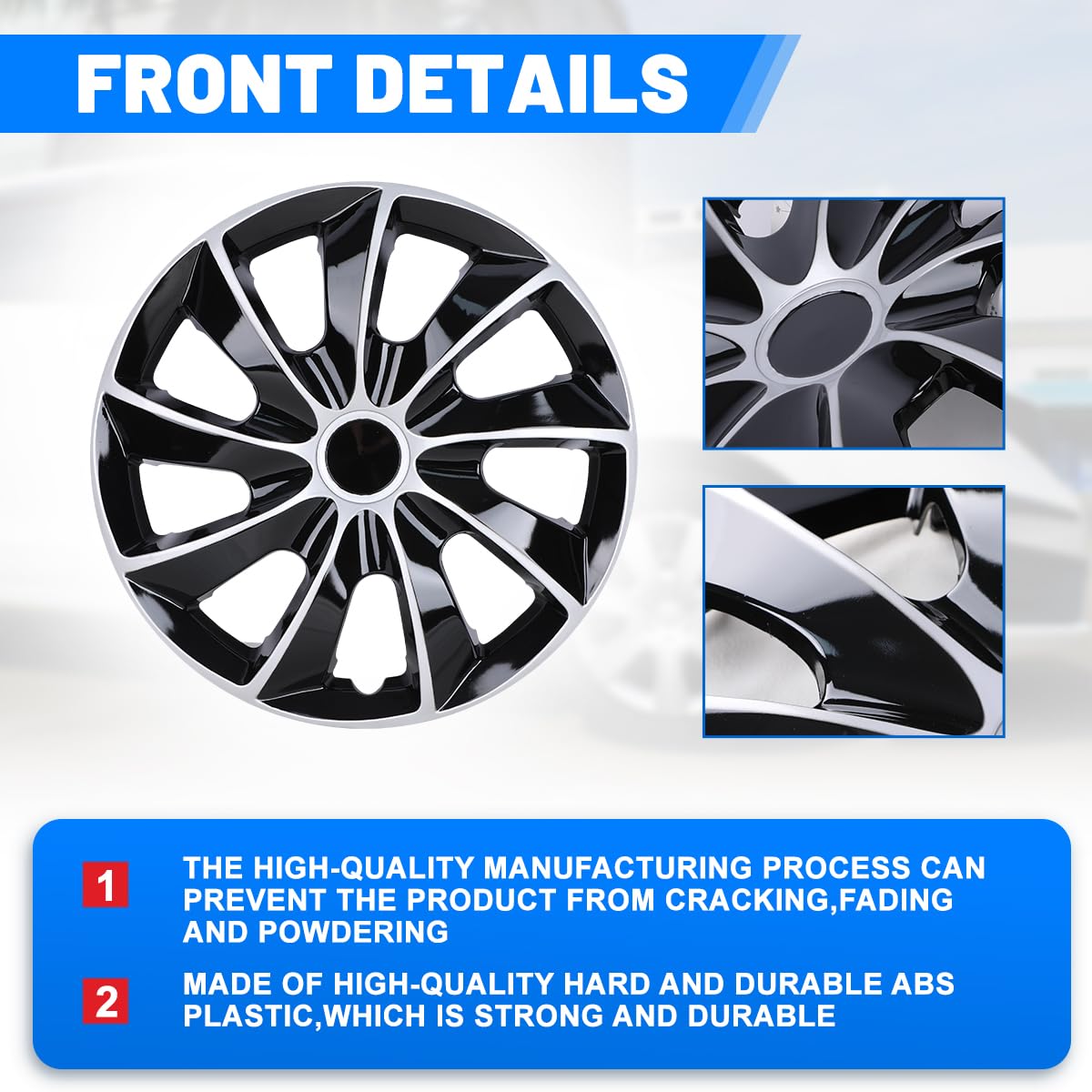 CAROXX Hubcaps 16'', Wheel Rim Cover Universal R16 Hub Caps, Snap On Car Pickup Truck SUV, Wheel Covers, PP Material, Set of 4, 16-Inch, Silver & Black Lacquer