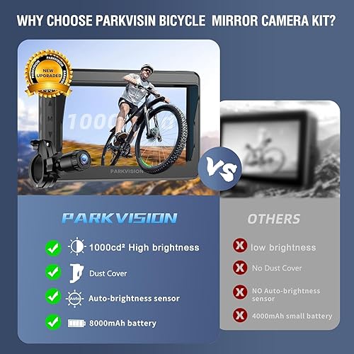 Miniatura 3 de PARKVISION Espejo de bicicleta para manillar, cámara de visión trasera de bicicleta con cubierta antipolvo, monitor HD 1080P de 4.3 pulgadas,