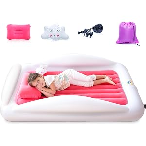 Sleepah Inflatable Toddler Travel Bed Portable Kids Air Mattress Set w Safety Rail Guards for Kids & Toddlers – Includes Pump, Carry Case, Pillow & More - Perfect Transitional Cot Coral
