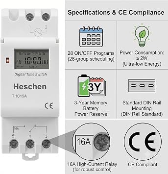 Heschen DC24V 16A Programmable LCD Timer Switch for 35mm DIN Rail, THC15A | Features 28 ON/OFF settings, 15 weekly combinations, and a 3-year battery backup