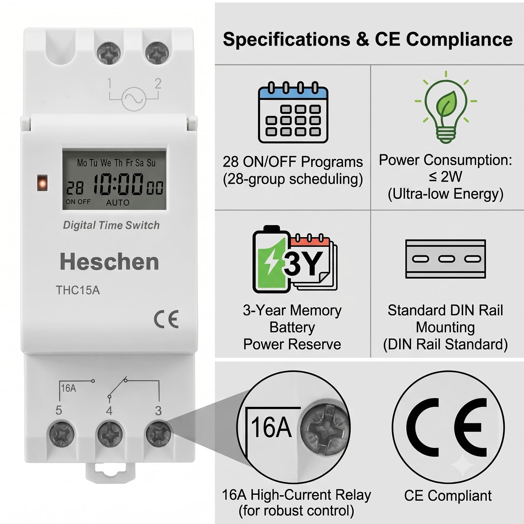 Heschen Commutateur de relais de minuterie programmable hebdomadaire d'alimentation LCD numérique, THC15A, DC12V 16Amp, SPST, Rail DIN 35mm