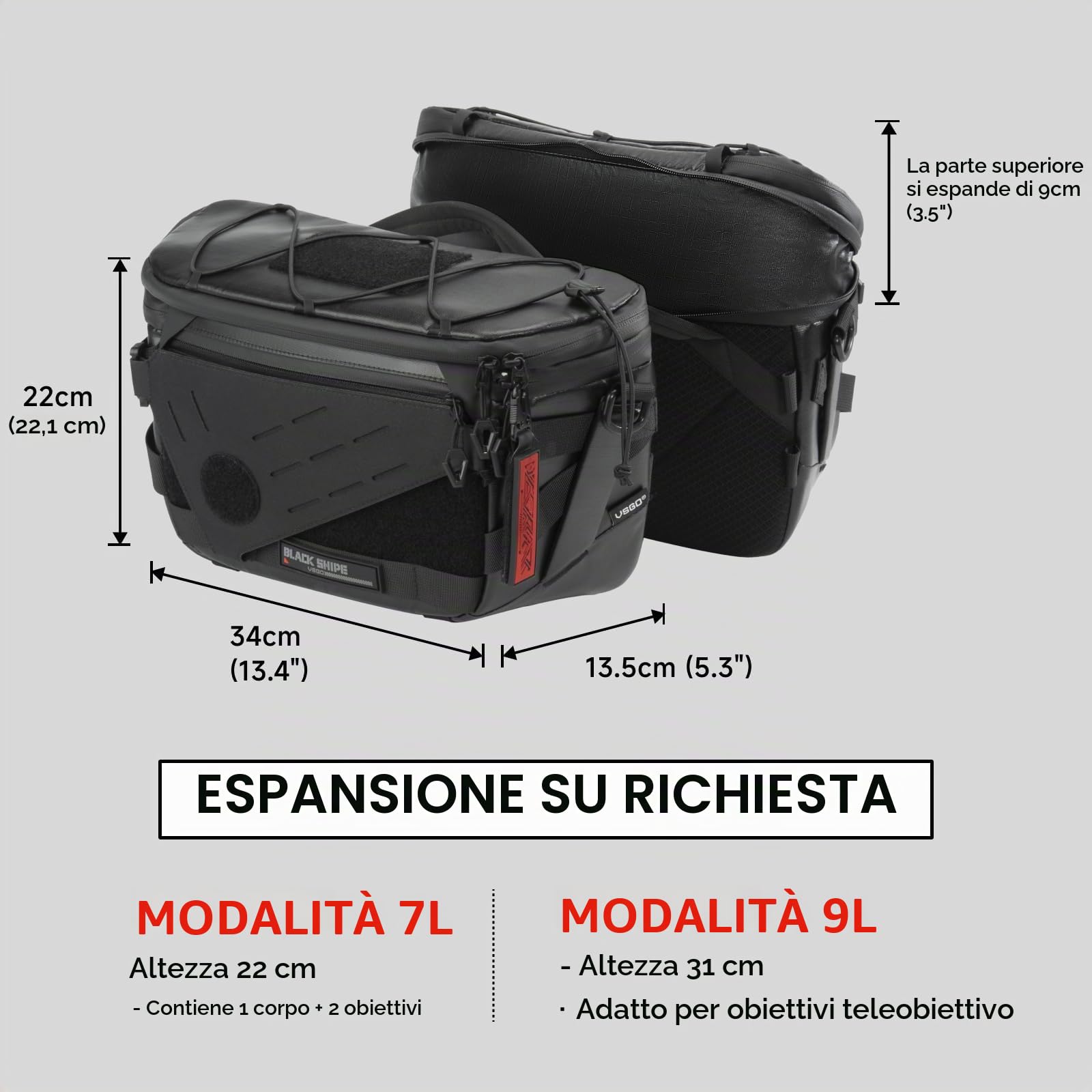 VSGO Black Snipe Pro 7-9L Borsa a Tracolla Espandibile per Fotocamera, con tessuto impermeabile, divisori modulari, sistema antitorsione e supporto per treppiede, leggera e professionale.