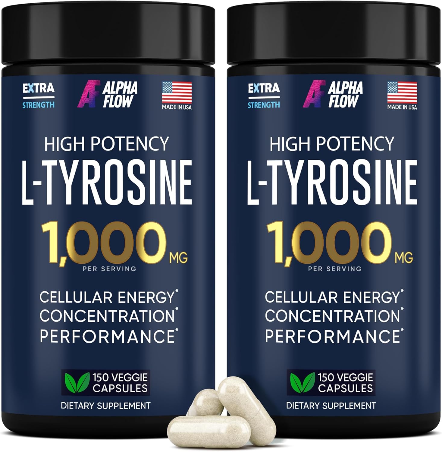 [2 Pack] L-Tyrosine 1000MG Capsules - Natural L Tyrosine Supplement for Kids & Adults - Energy Boost and Brain Supplement - 2x the potency of L-Tyrosine 500mg capsules - 300 Vegan LTyrosine Capsule