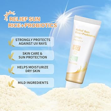 Rice Probiotics Sunscreen SPF50+ PA++++ Sun Relief Organic Sunscreen with Niacinamide Vitamin E and Zinc Oxide Light and Non-sticky Texture for All Skin Types 50ml