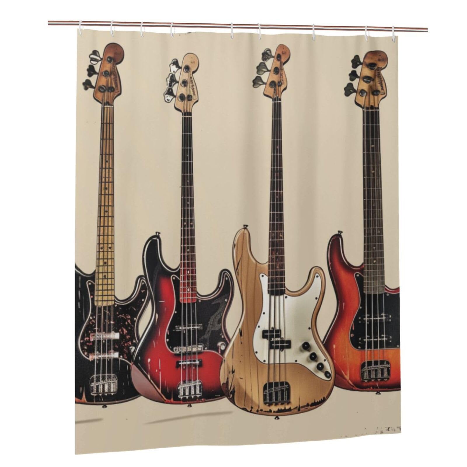 BWWHCCTI Guitar Bass Music Musical Instruments Printed Shower Curtain With 12 Plastic Hooks Opaque Quick Drying Waterproof Shower Curtains Sets For Bathroom 152x183 Cm